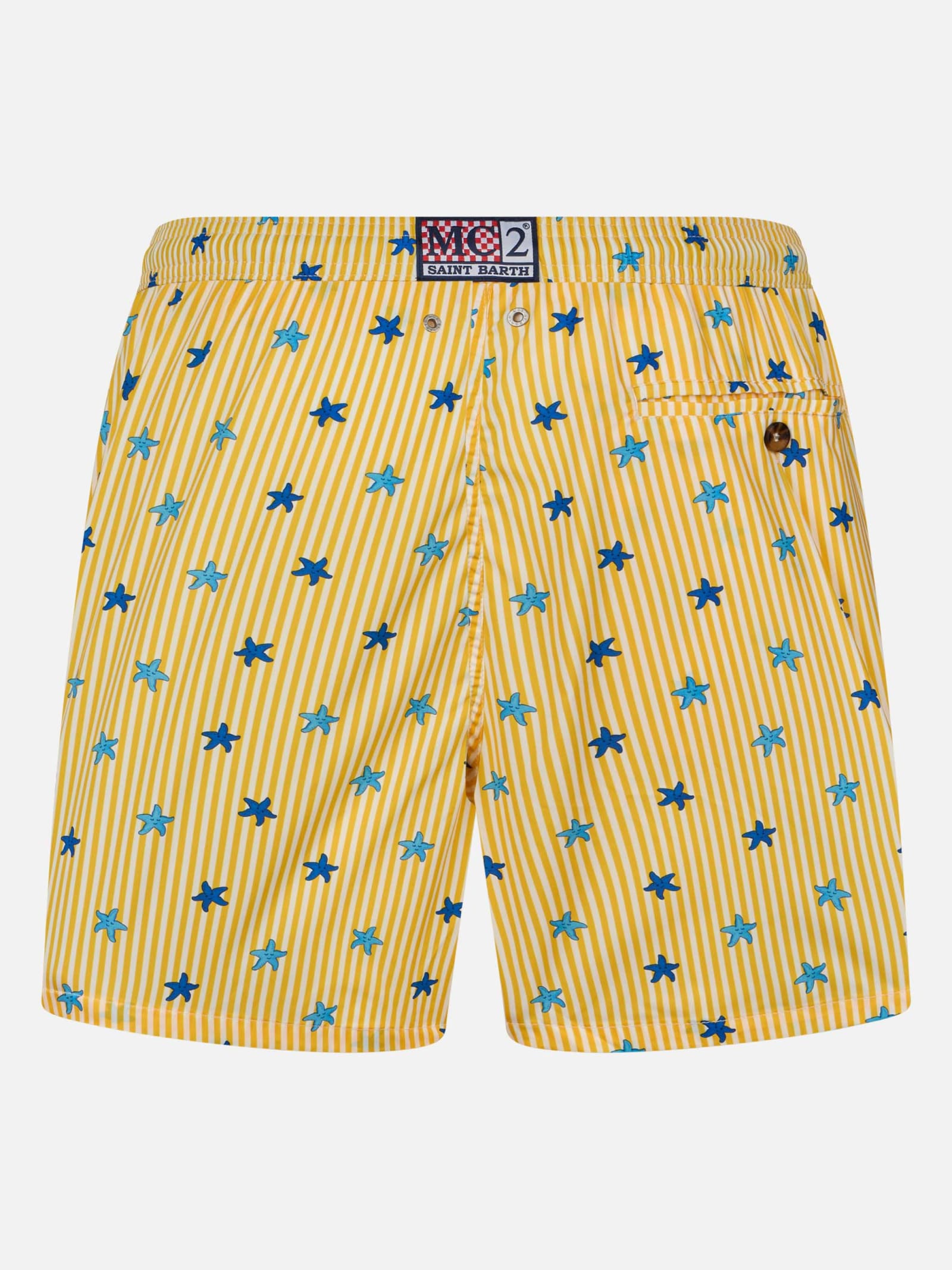 Mc2 Saint Barth Man Comfort Light Swim Shorts With Starfishes Print In Yellow