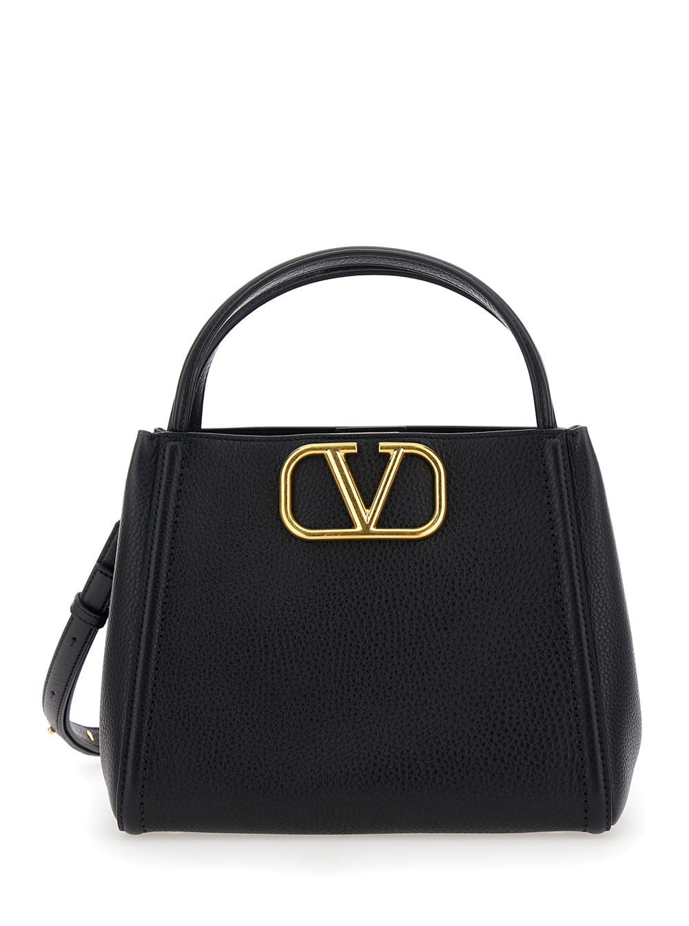 Shop Valentino Alltime Medium Black Handbag With Vlogo Detail In Hammered Leather Woman