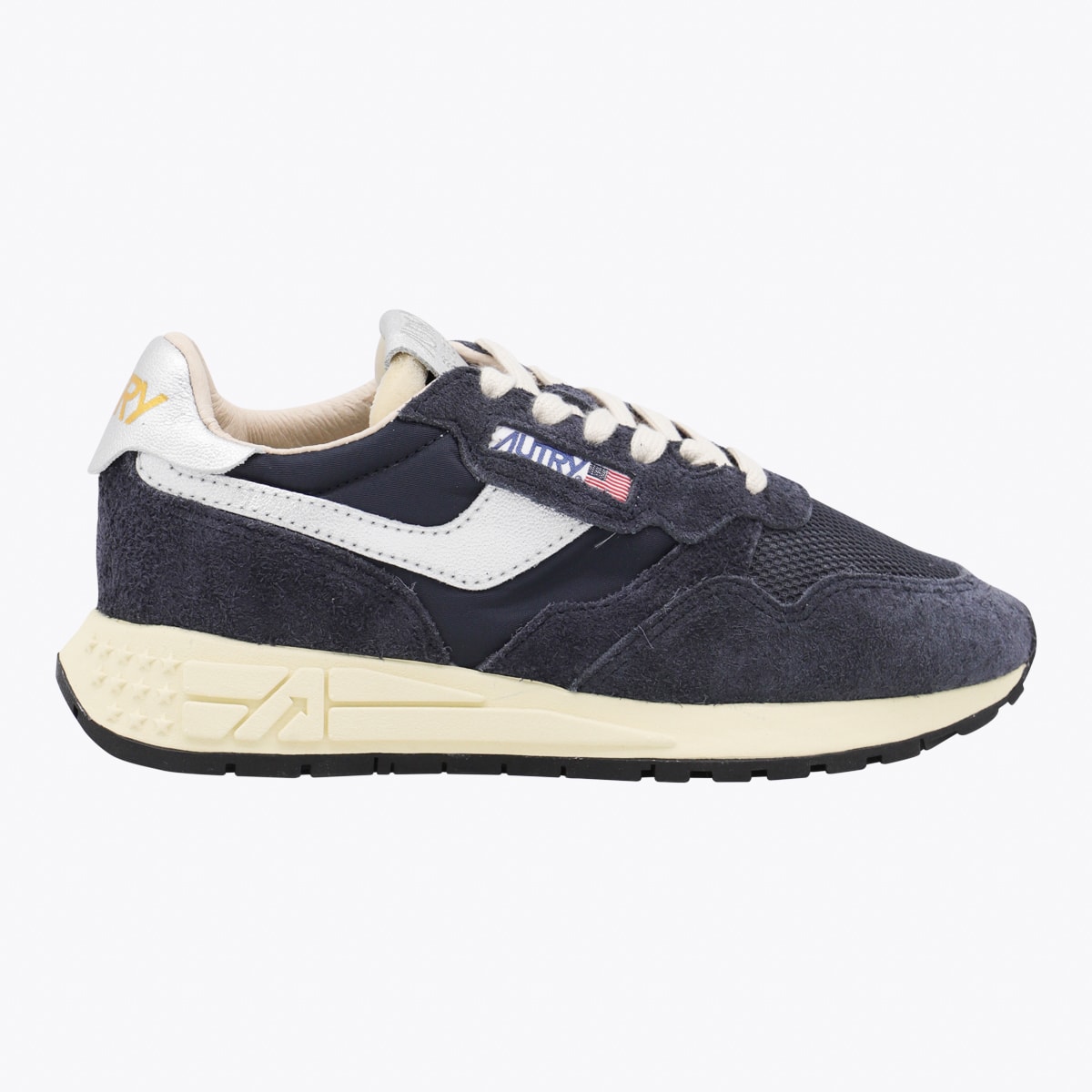 Autry Leather And Fabric Sneakers With Metallic Inserts In Blue