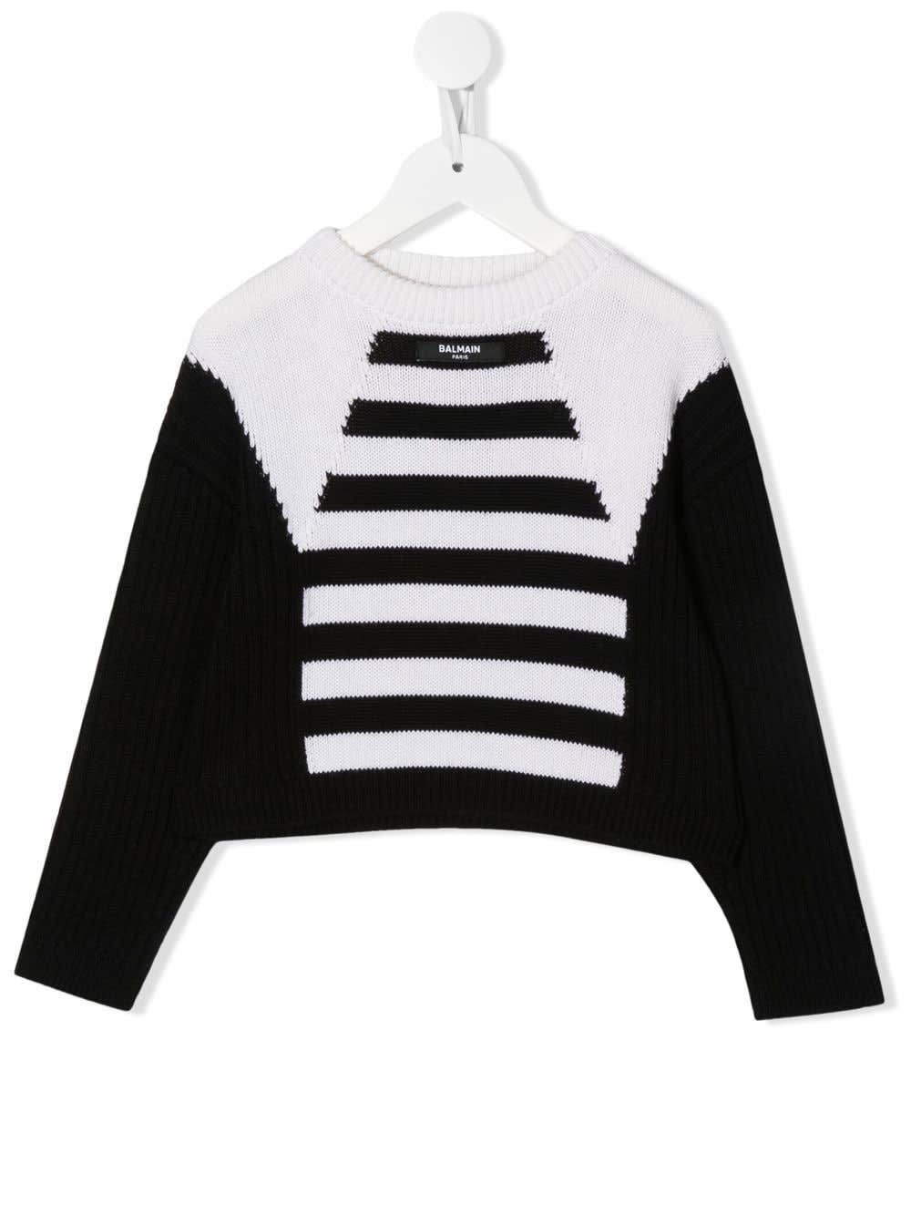 Balmain Kids Black And White Pullover With Color Block Design And Stripe Pattern