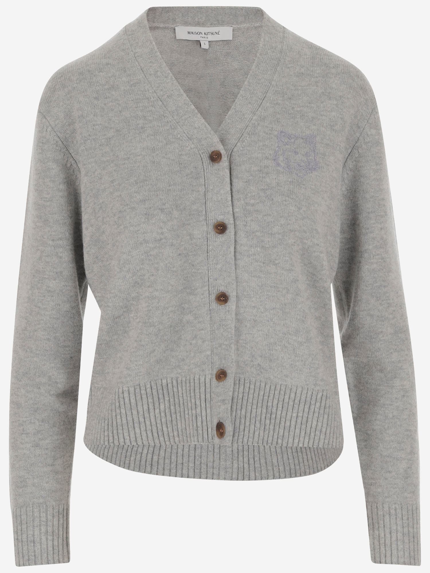 Maison Kitsuné Wool And Cashmere Cardigan With Fox Embroidery In Gray