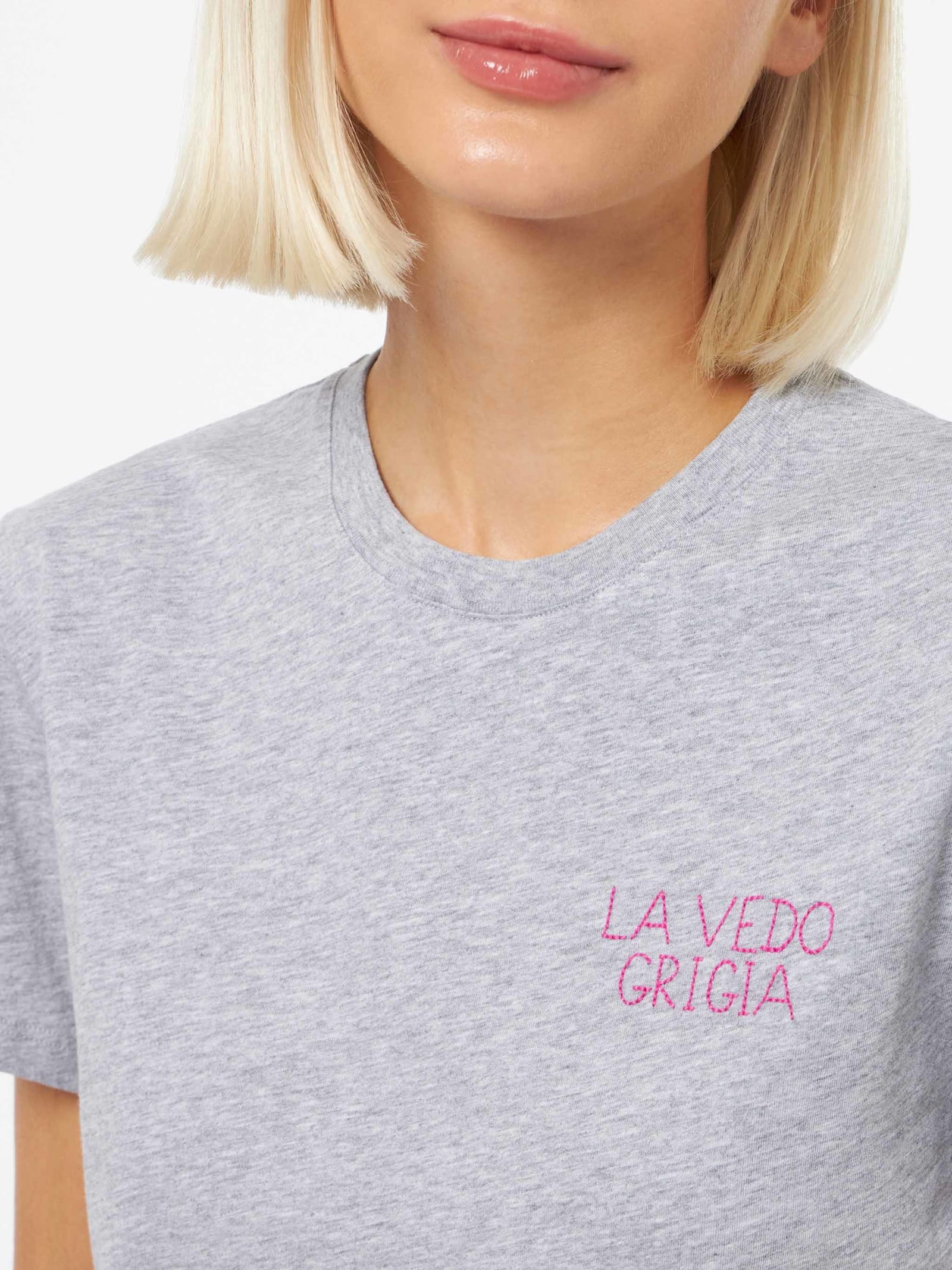 Mc2 Saint Barth Woman Cotton Jersey Crewneck T-shirt Emilie With La Vedo Grigia Embroidery In Melange Grey