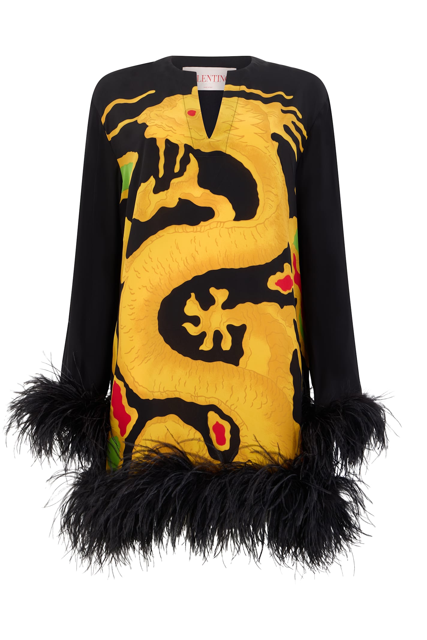 Valentino Dragon-print Feather-trim Silk Dress In Multi