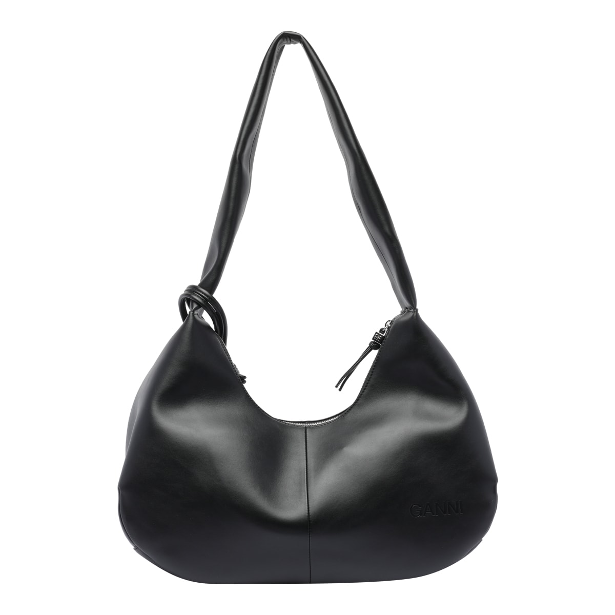 Ganni Bou Bag Hobo Medium Black Shoulder Bag With Shoulder Strap And Removable Logo Patch In Leather Woman In Nero
