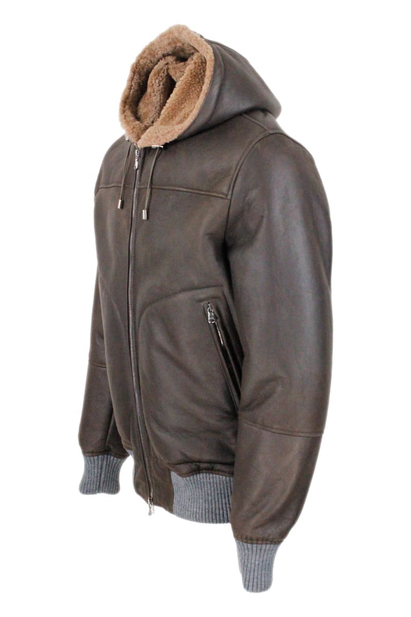 Shop Barba Napoli Shearling Bomber Jacket With Hood With Drawstring And Trims In Stretch Knit And Zip Closure In Brown