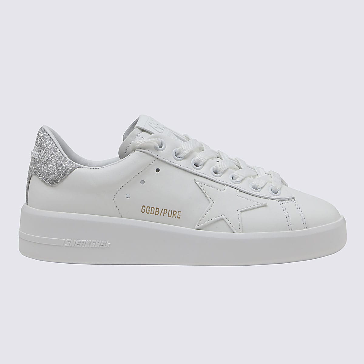 Shop Golden Goose White And Silver-tone Leather Purestar Sneakers