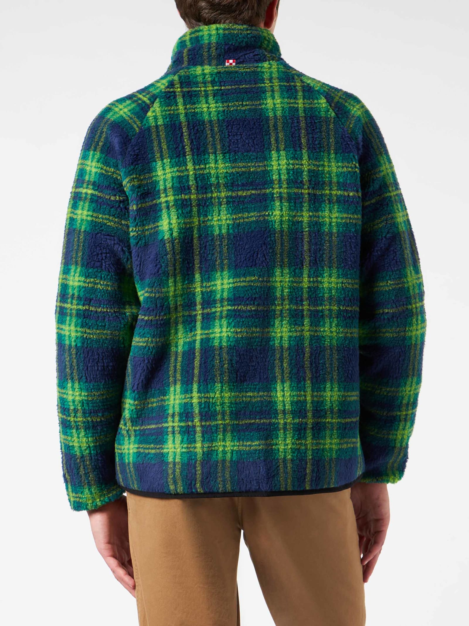 Shop Mc2 Saint Barth Man Sherpa Jacket With Tartan Print In Blue