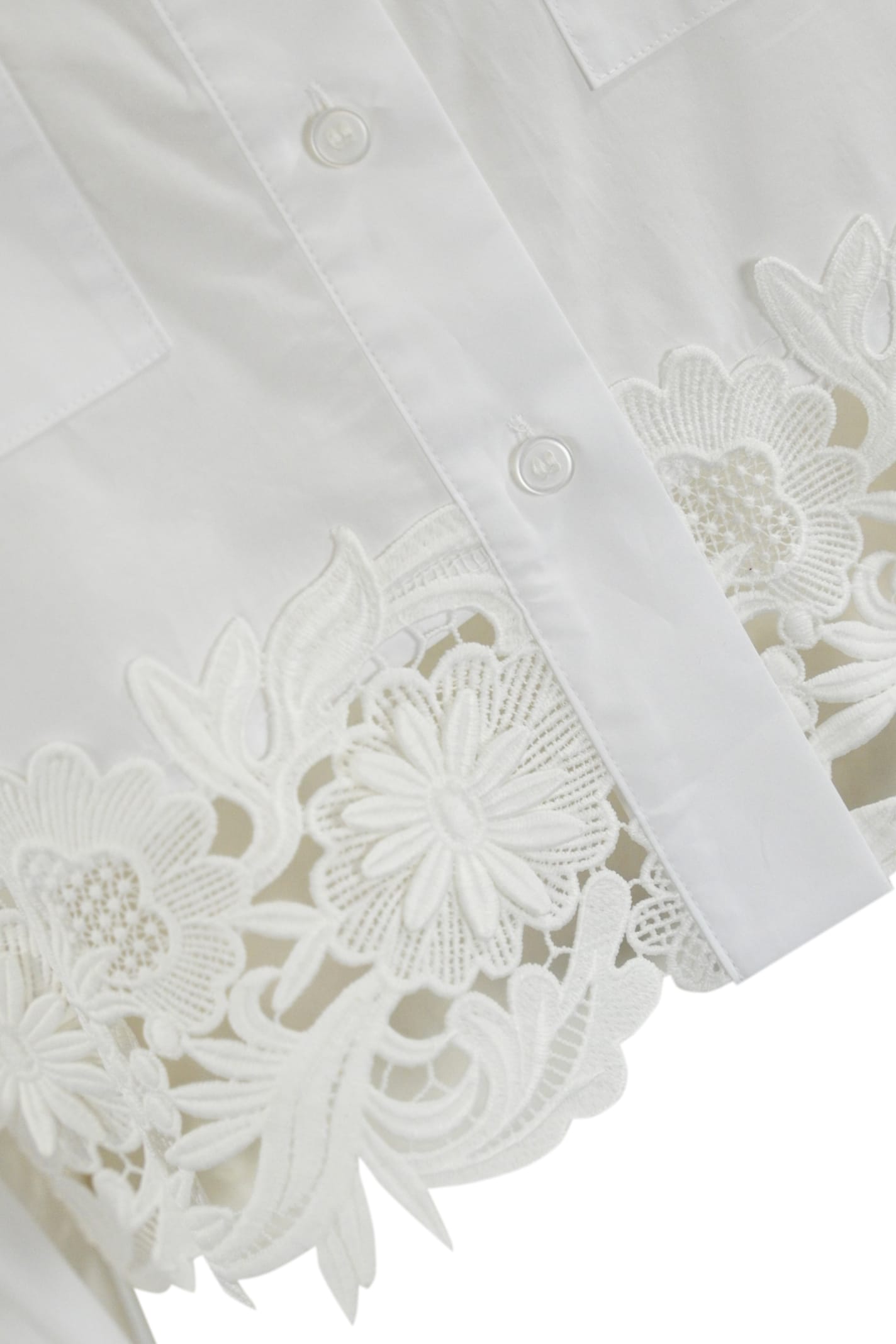Twinset Twin-set Cropped White Cotton Shirt With Delicate Lace Trim In Bianco Ottico