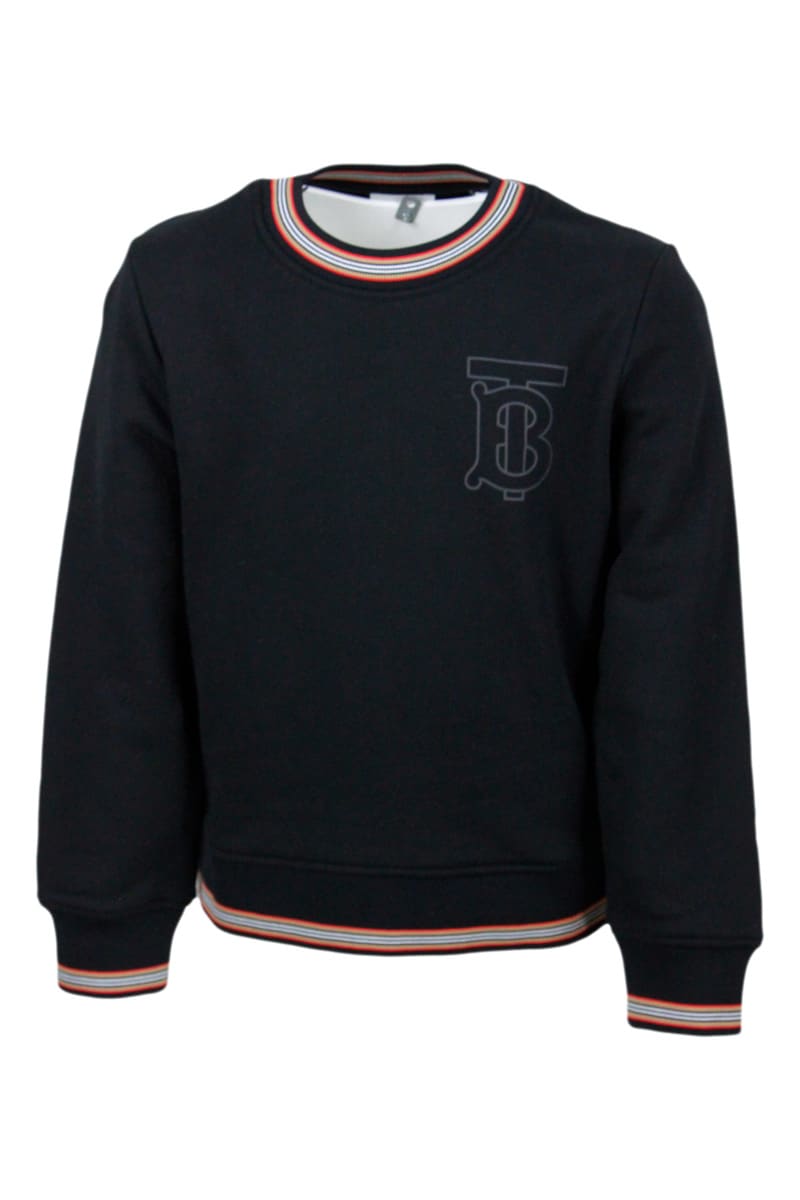 Burberry Sponge-effect Cotton Crewneck Sweatshirt With Check Collar And Cuffs And Logo On The Chest