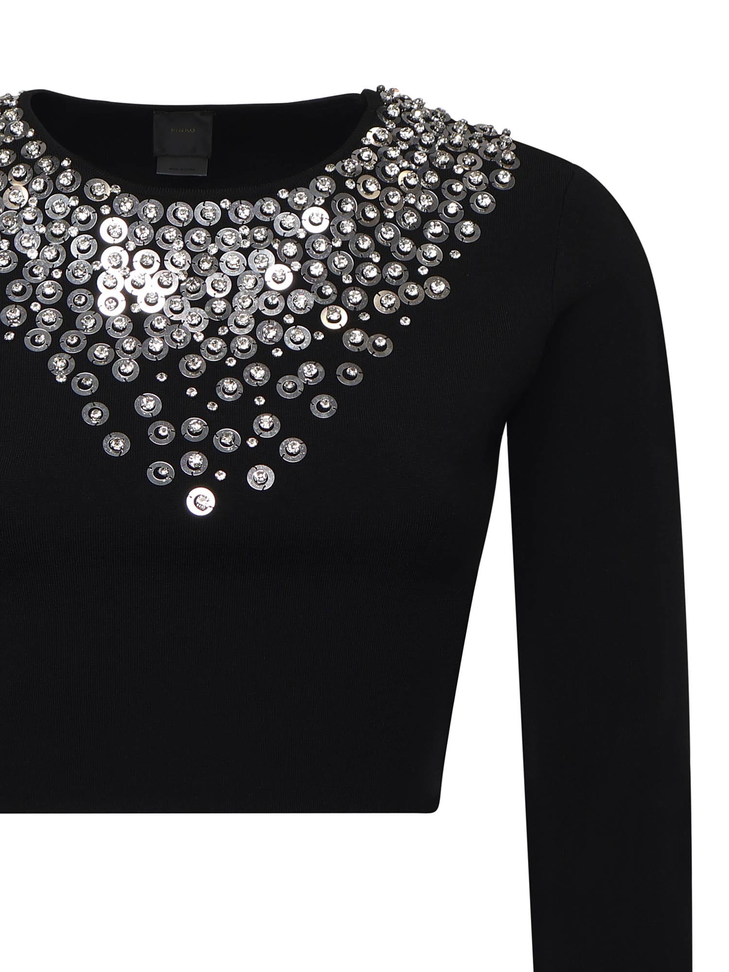 Pinko Cropped Sweater With Sequins And Crystals In Black