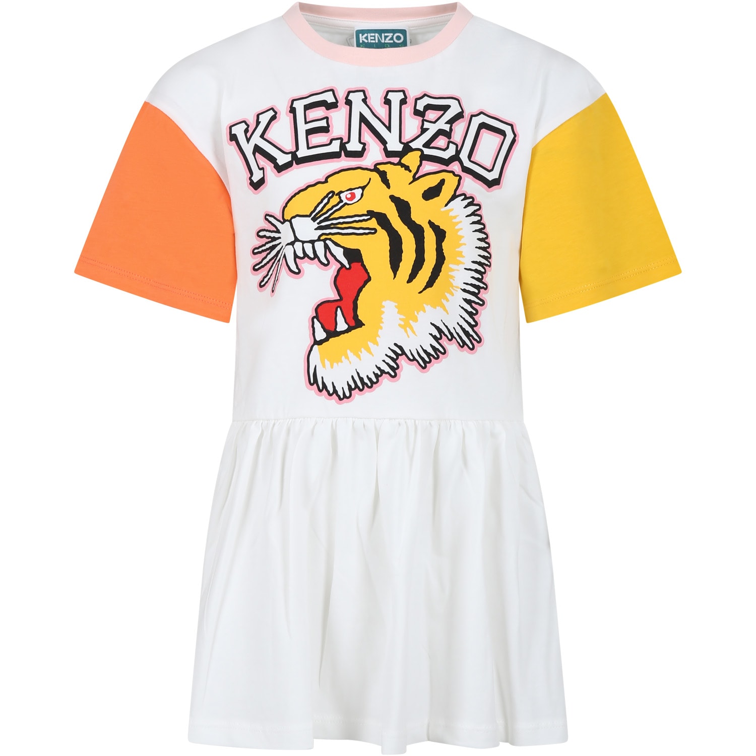 Kenzo Kids' White Dress For Girl With Iconic Tiger And Logo