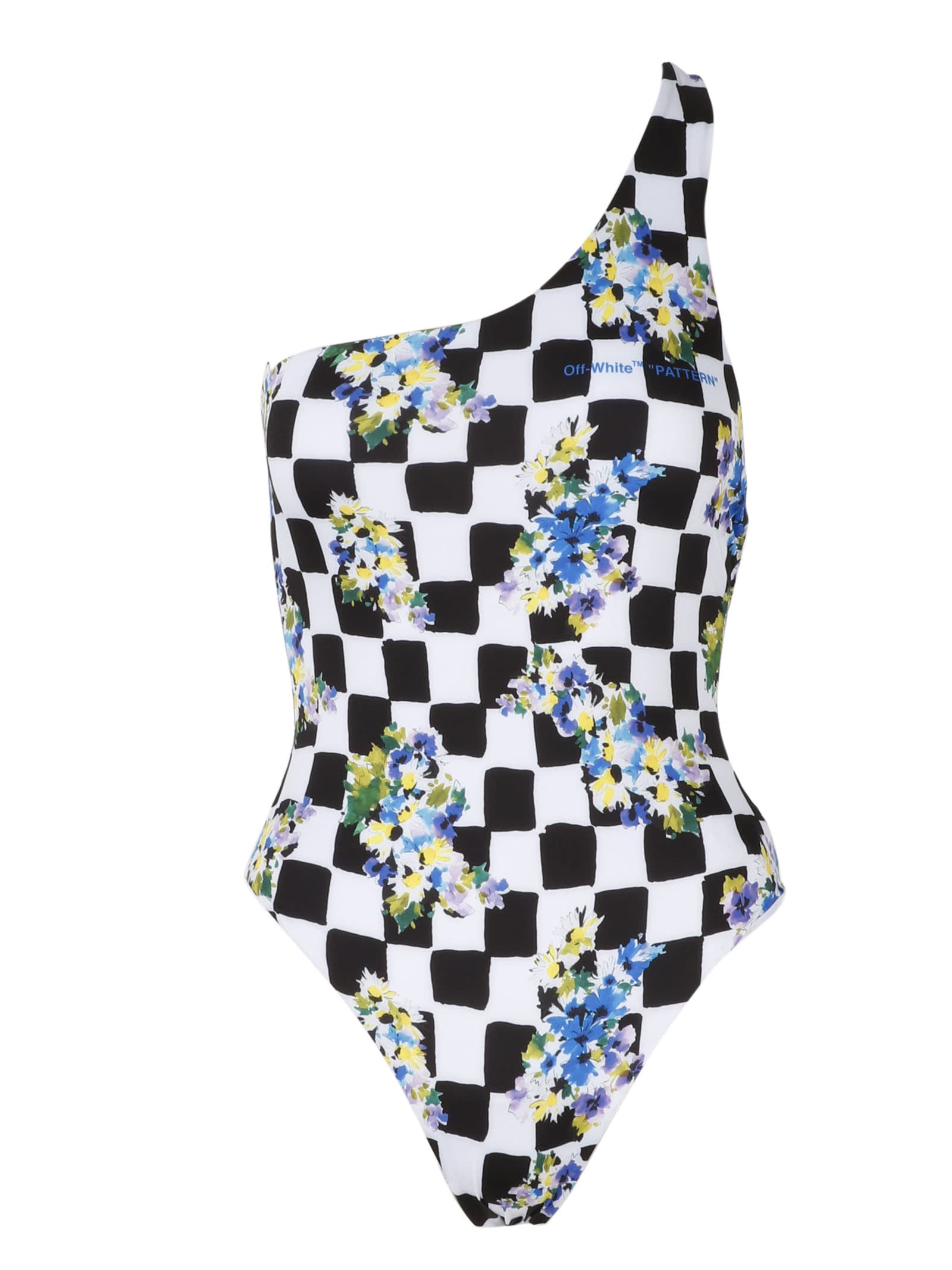 Off-White Check Flowers One Shoulder Swimsuit