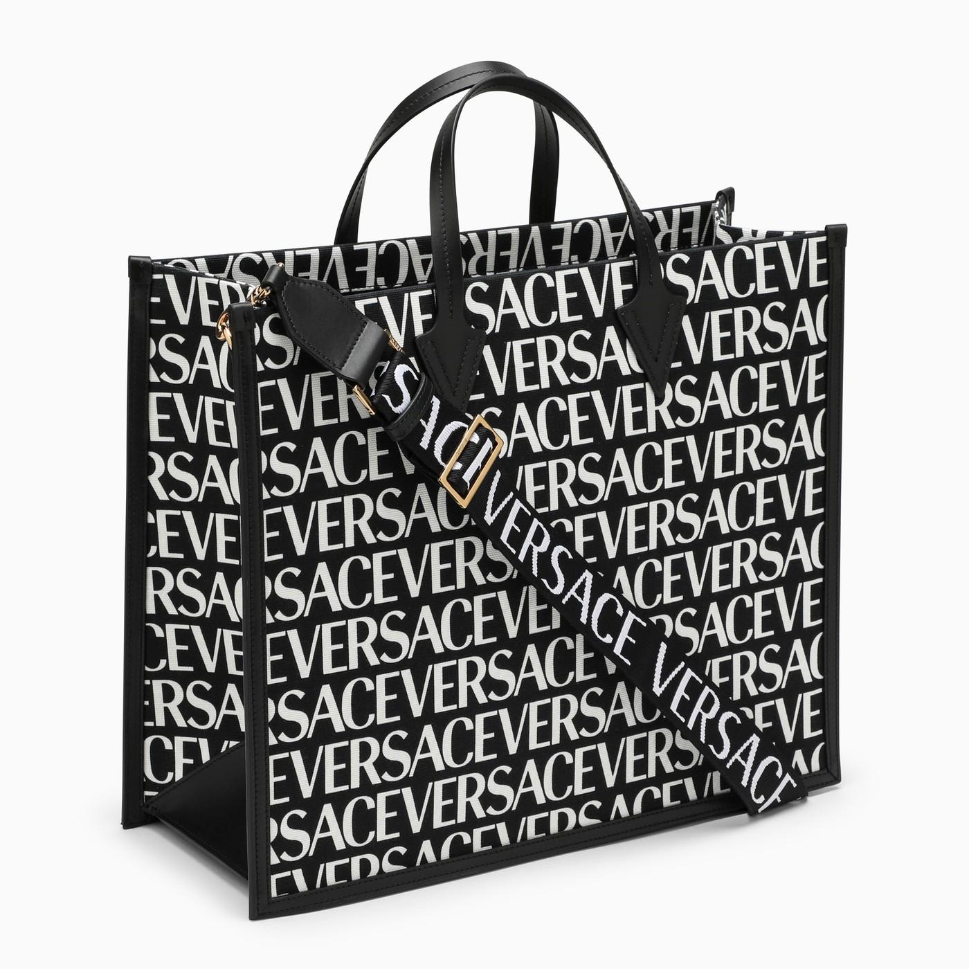 Shop Versace Black Tote Bag With All-over Logo In V Nero/bianco/oro