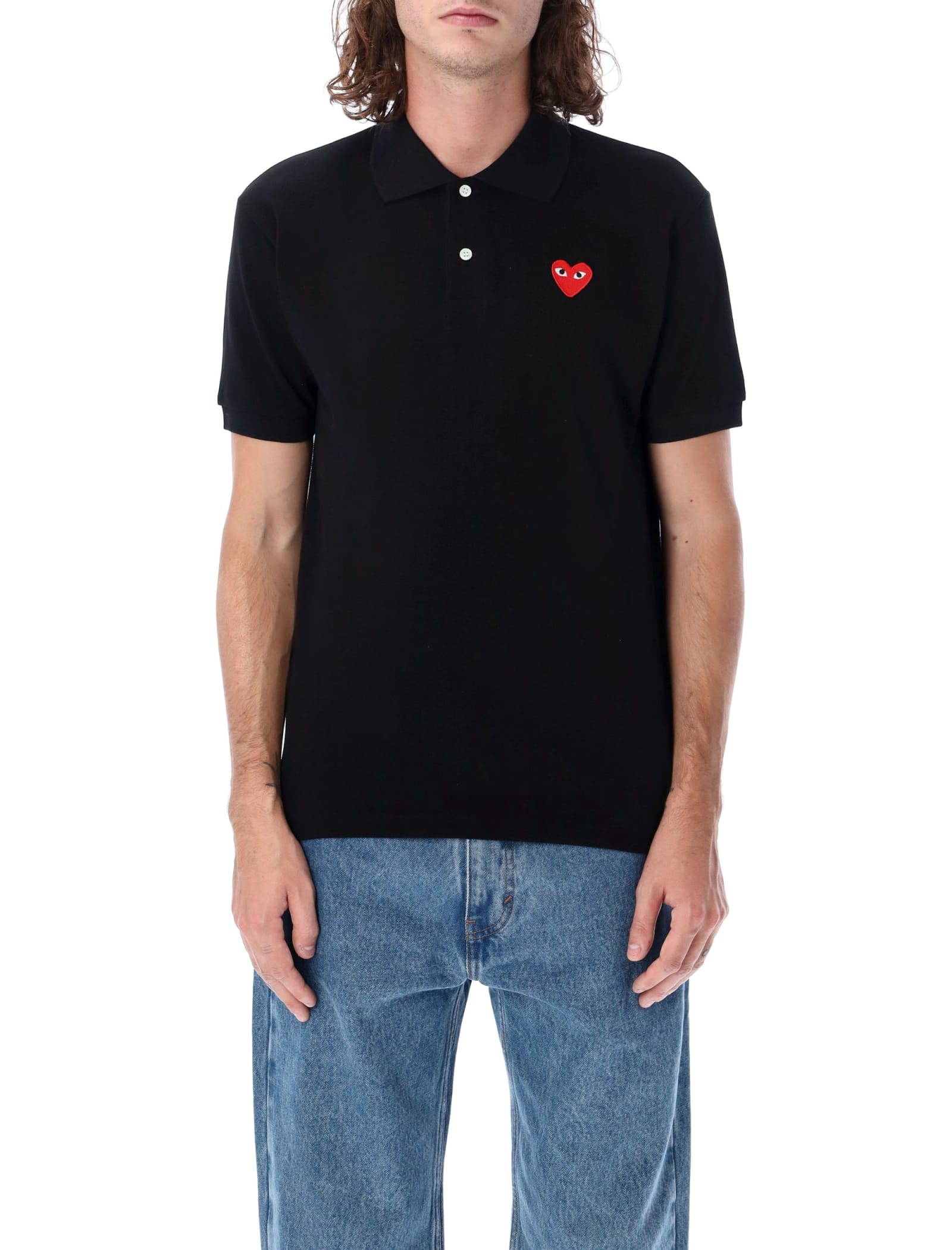 Shop Comme Des Garçons Play Red Heart Patch Polo Shirt In Black