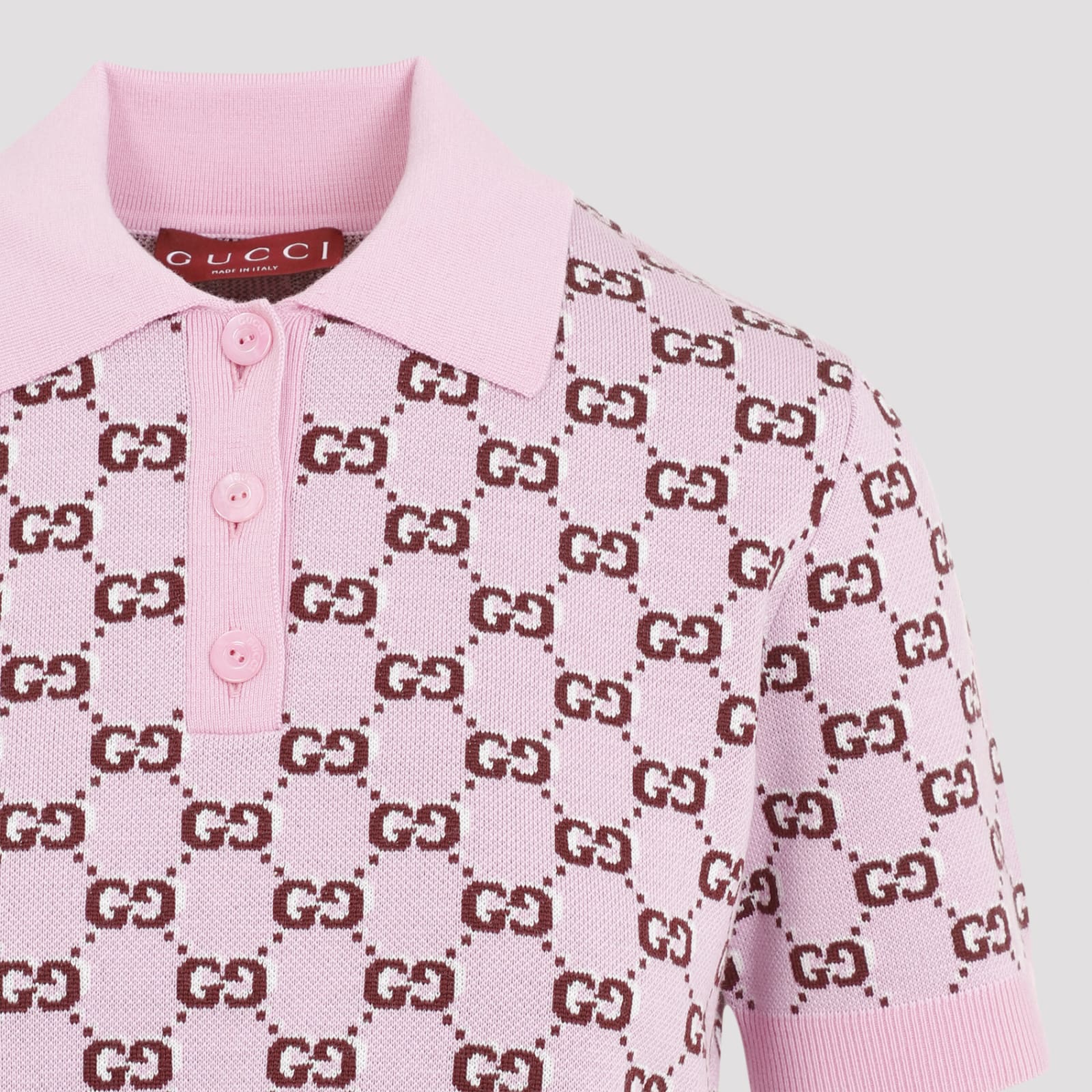 Gucci Wool Jacquard Polo Top With Gg Shadow In Pink Bordeaux Mc
