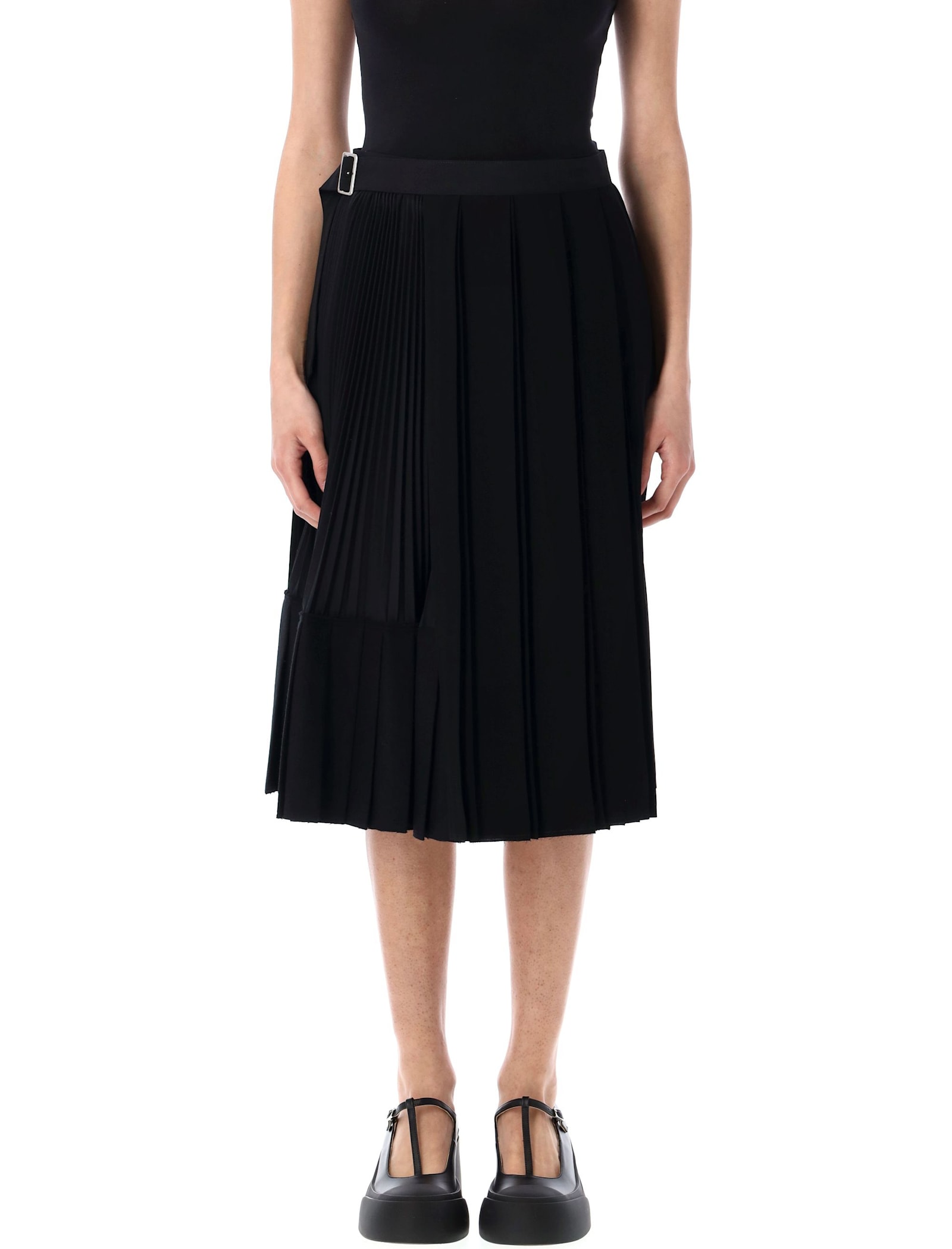 Junya Watanabe Pleated Belted Midi Skirt Asymmetric In Black