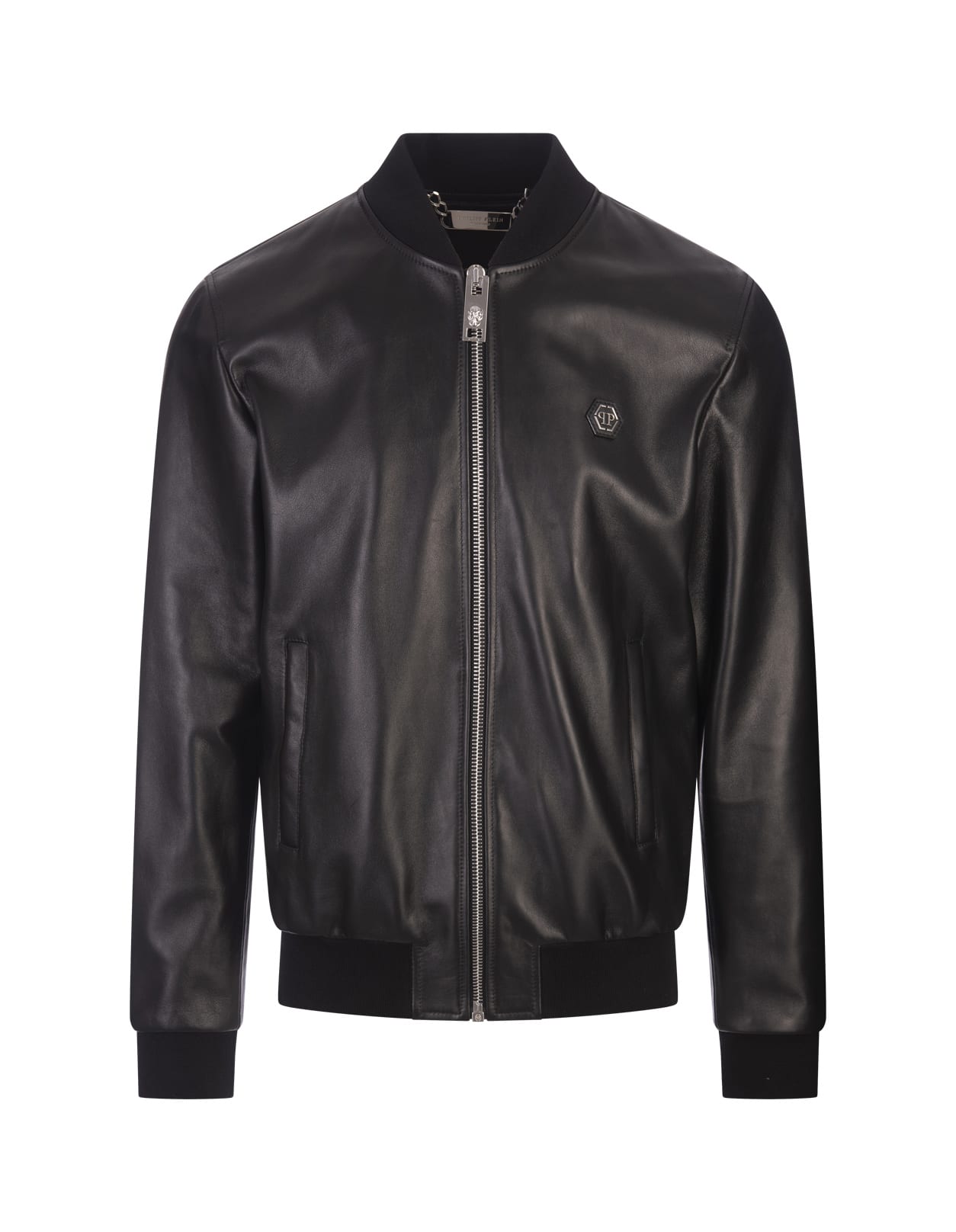Shop Philipp Plein Black Leather Bomber Jacket With Pp Hexagon