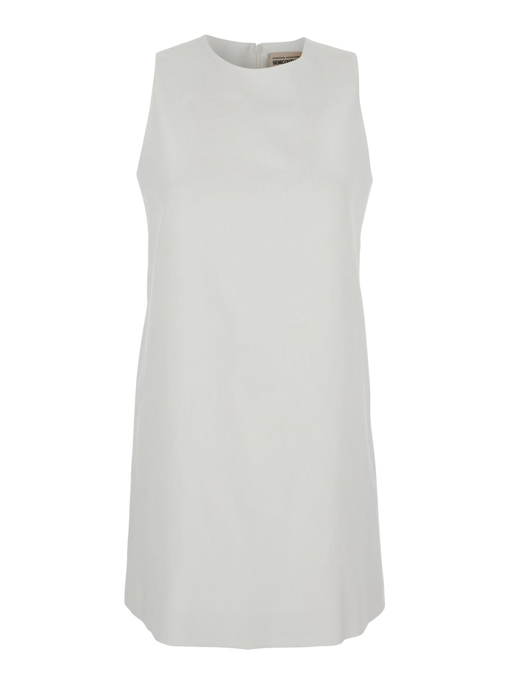 White Sleeveless Dress With Round Neckline In Linen Woman