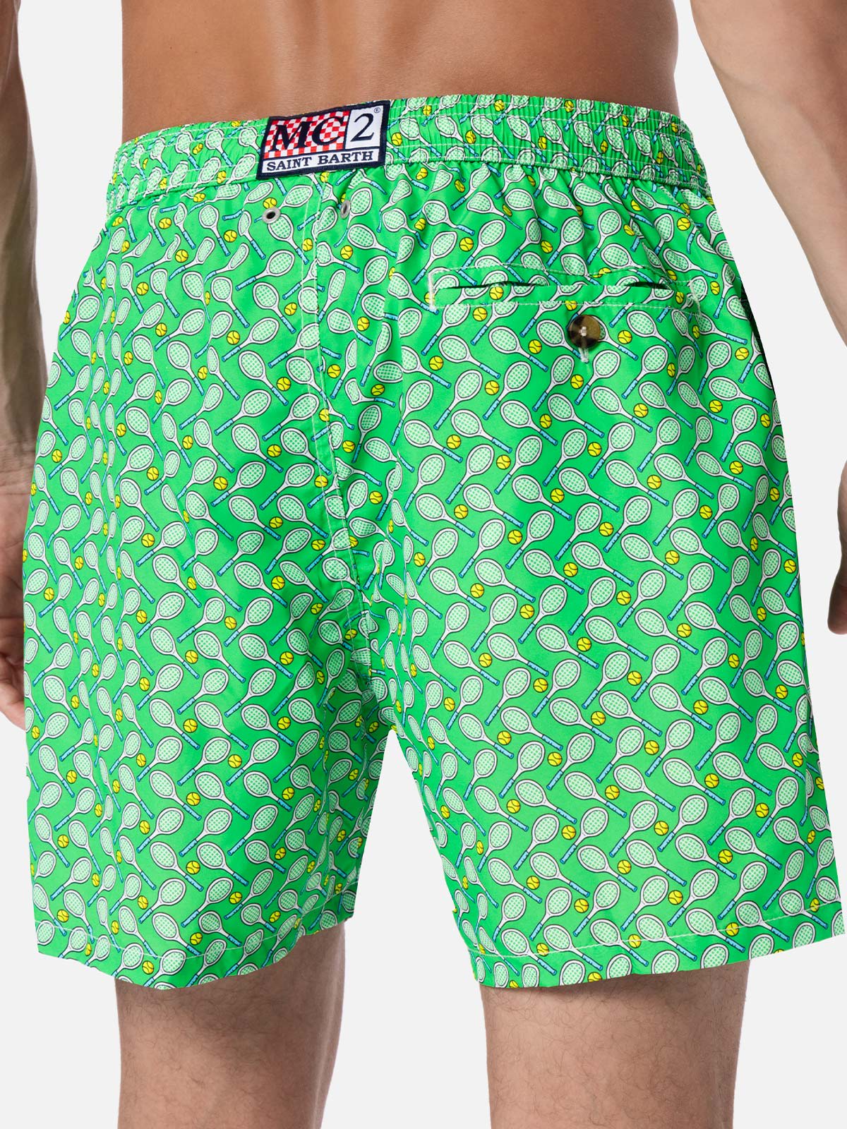 Mc2 Saint Barth Man Lightweight Fabric Swim-shorts Lighting Micro Fantasy With Tennis Print In Green