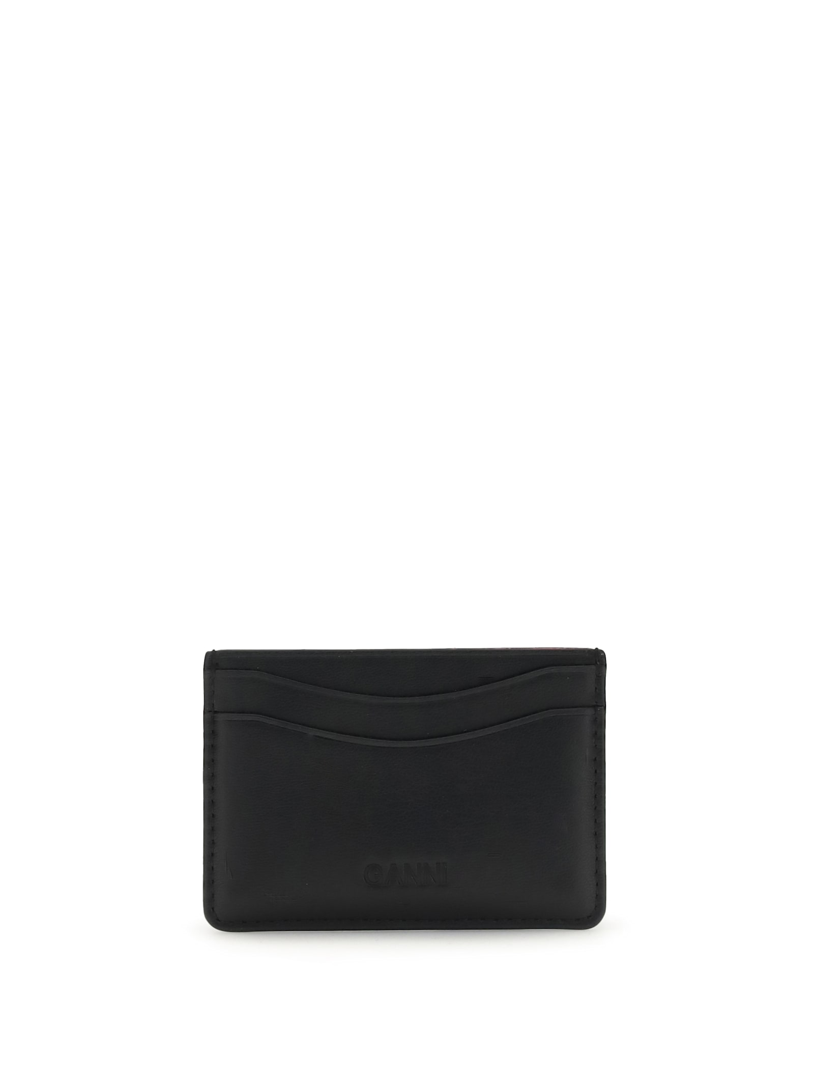 Ganni Black Card Holder With Graphic Print On The Front In Leather Blend Woman In Black