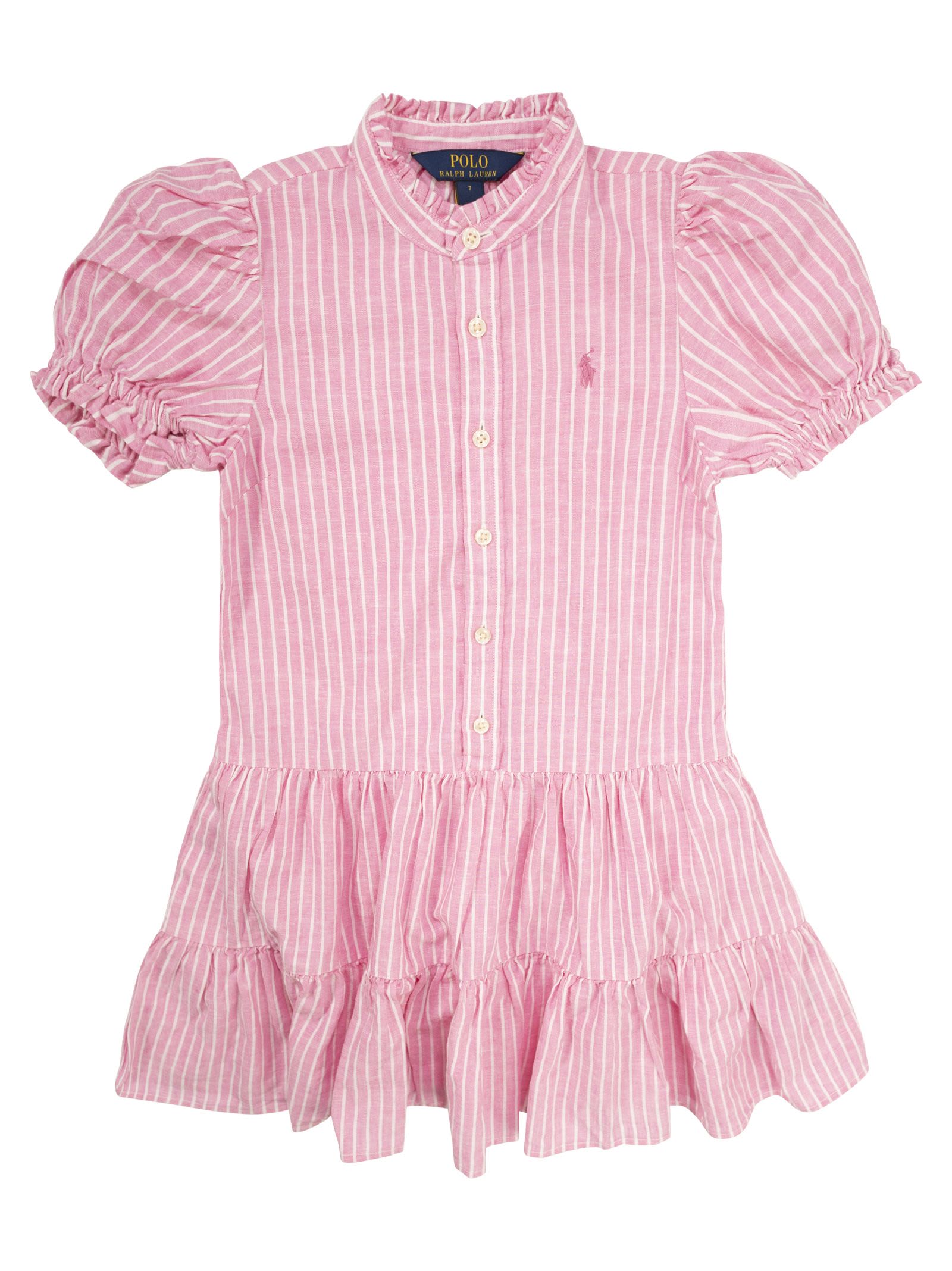 Polo Ralph Lauren Linen And Cotton Striped Dress With Flounces In Pink