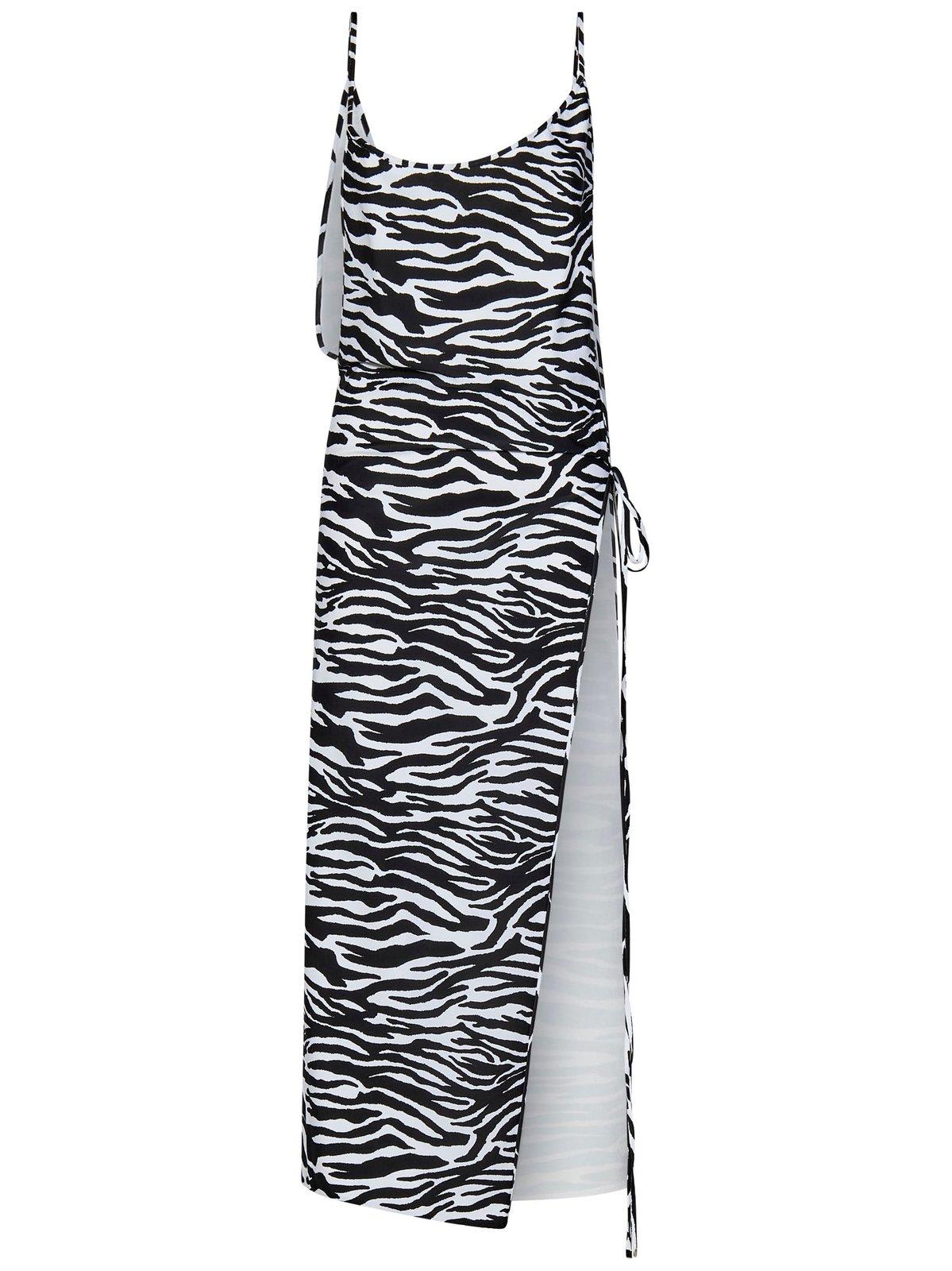 Shop Attico Zebra Print Spaghetti Strap Beach Dress In Black