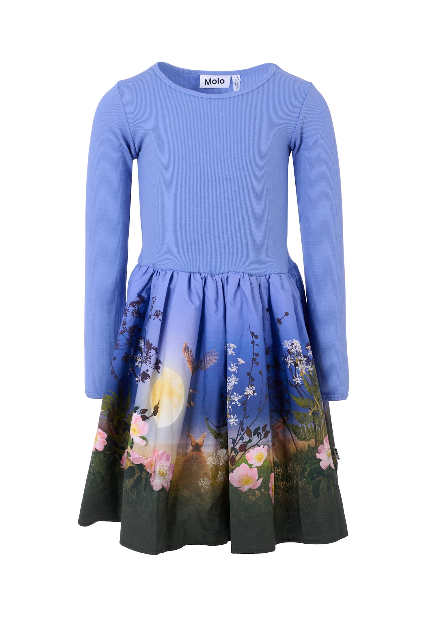 Molo Light Blue Dress For Girl With Moon In Blue