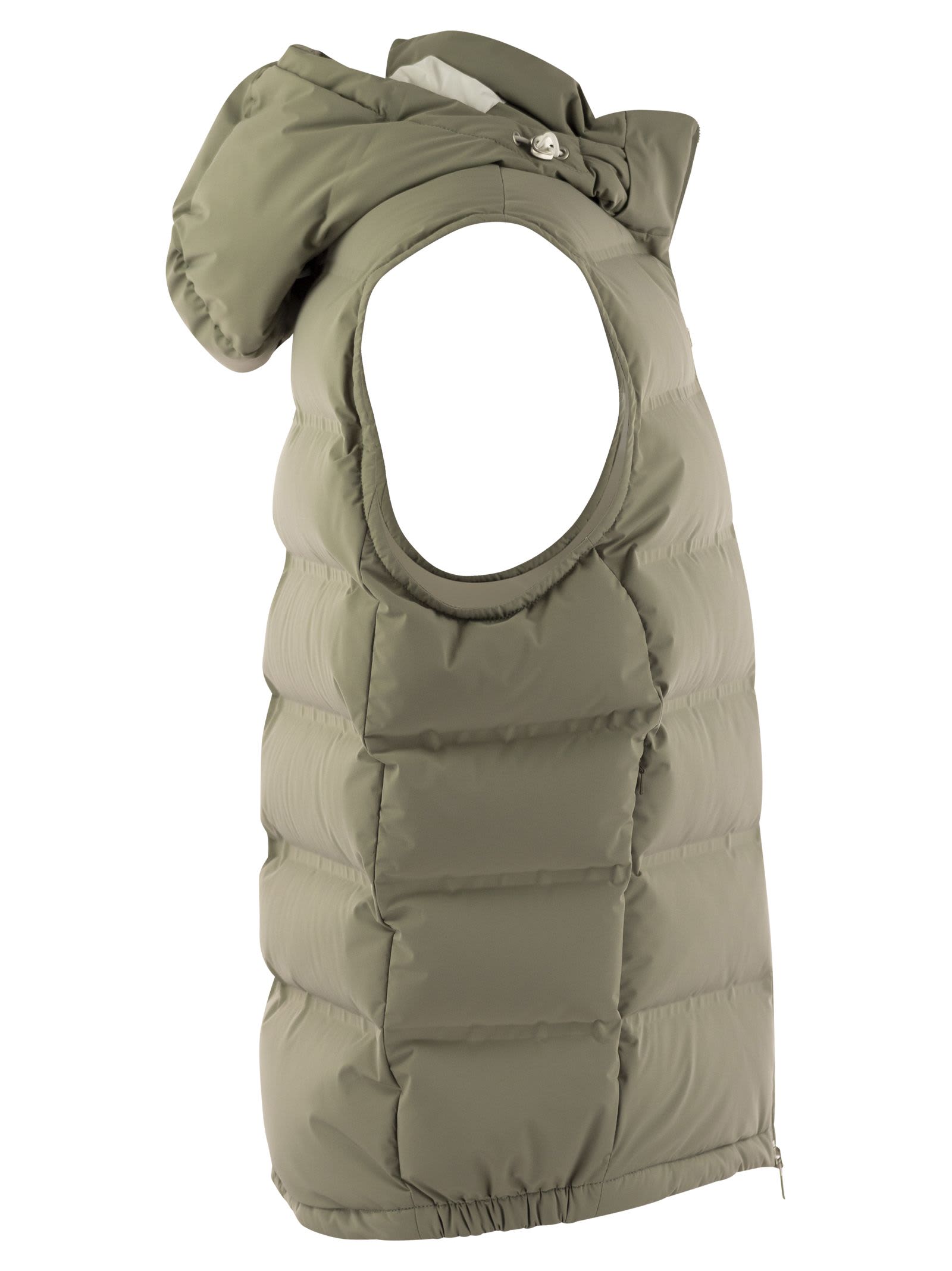 BRUNELLO CUCINELLI SLEEVELESS DOWN JACKET IN MEMBRANED TAFFETA WITH HEAT TAPES AND DETACHABLE HOOD 