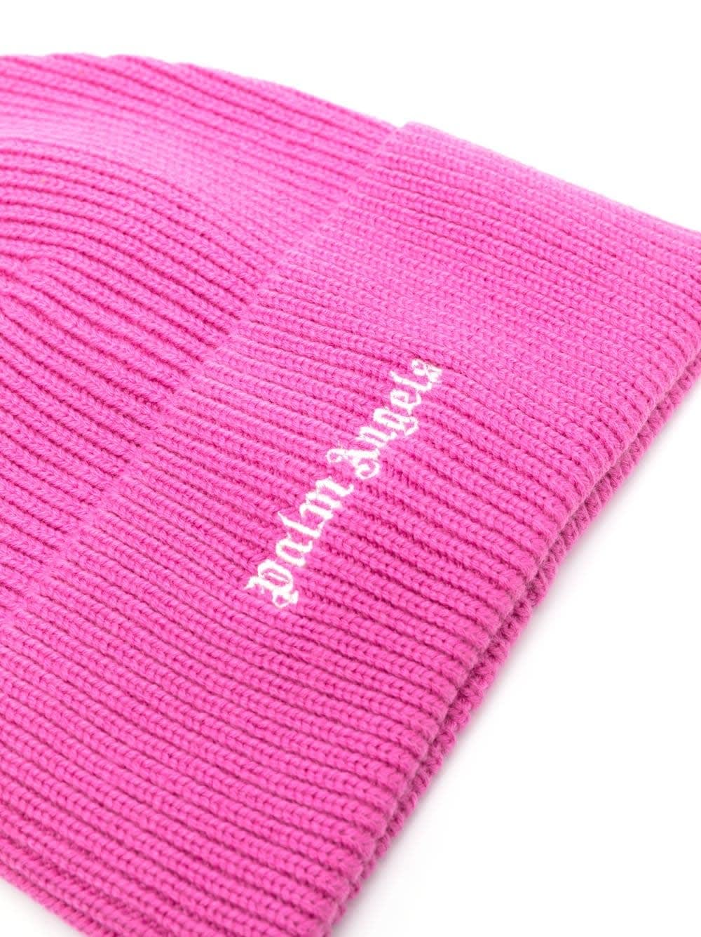 Shop Palm Angels Black Wool Beanie With White Logo In Pink