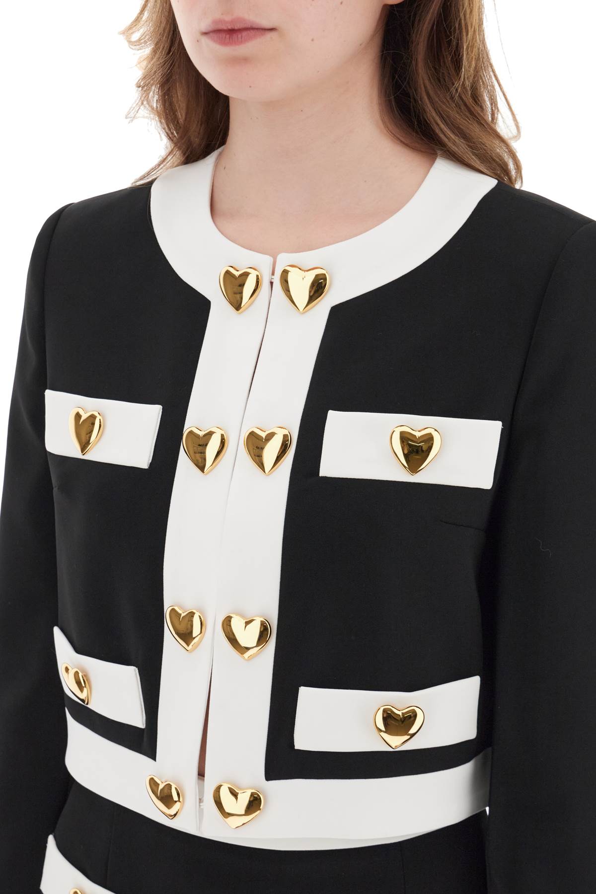 Moschino Heart-embellished Cropped Jacket In Fantasia Nero (white)