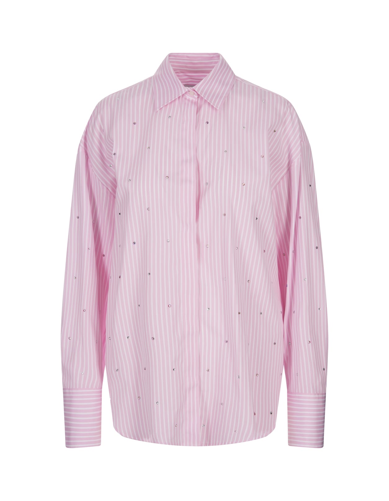 Shop Msgm Pink Striped Shirt With Rhinestones