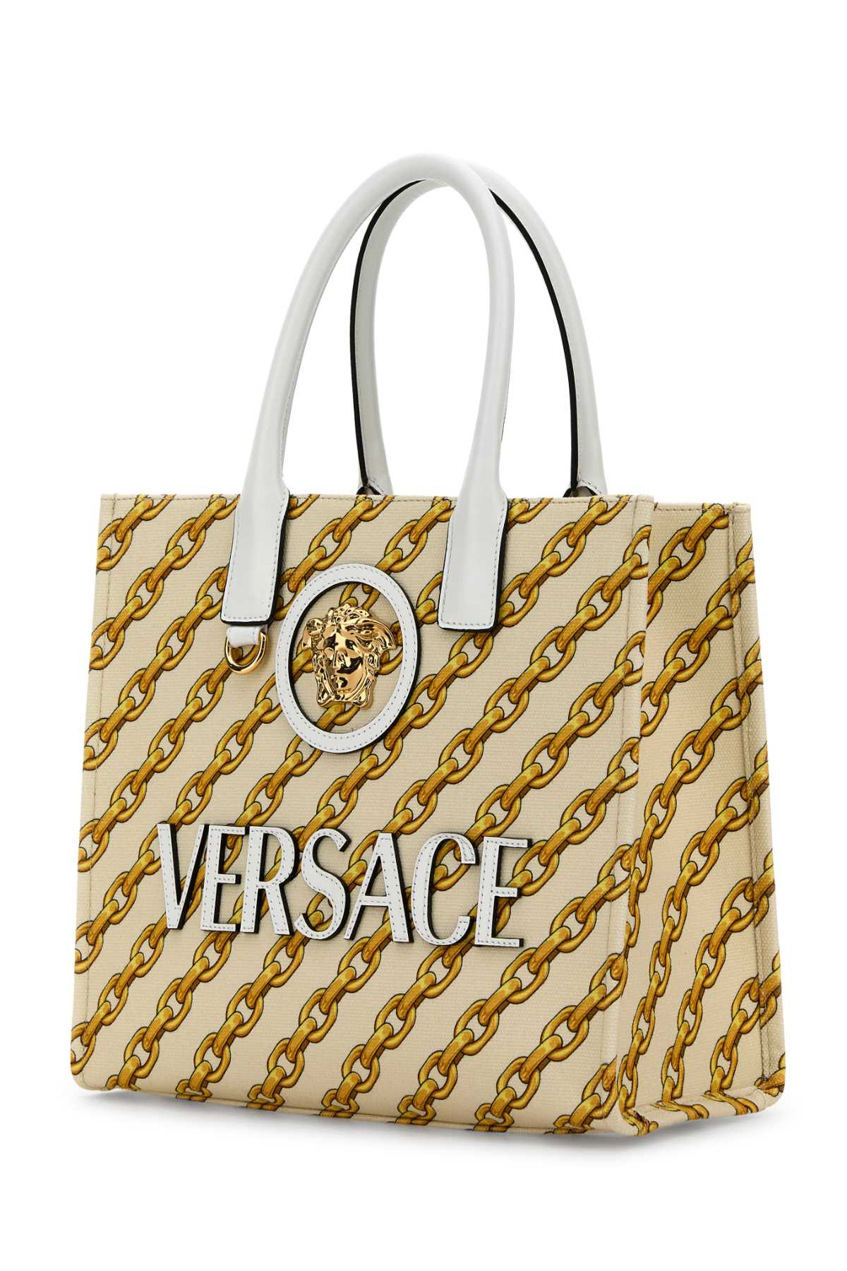 Versace Women's Canvas Small Chain Stripes La Medusa Shopping Bag In Porcelainwhitemulticolorgold