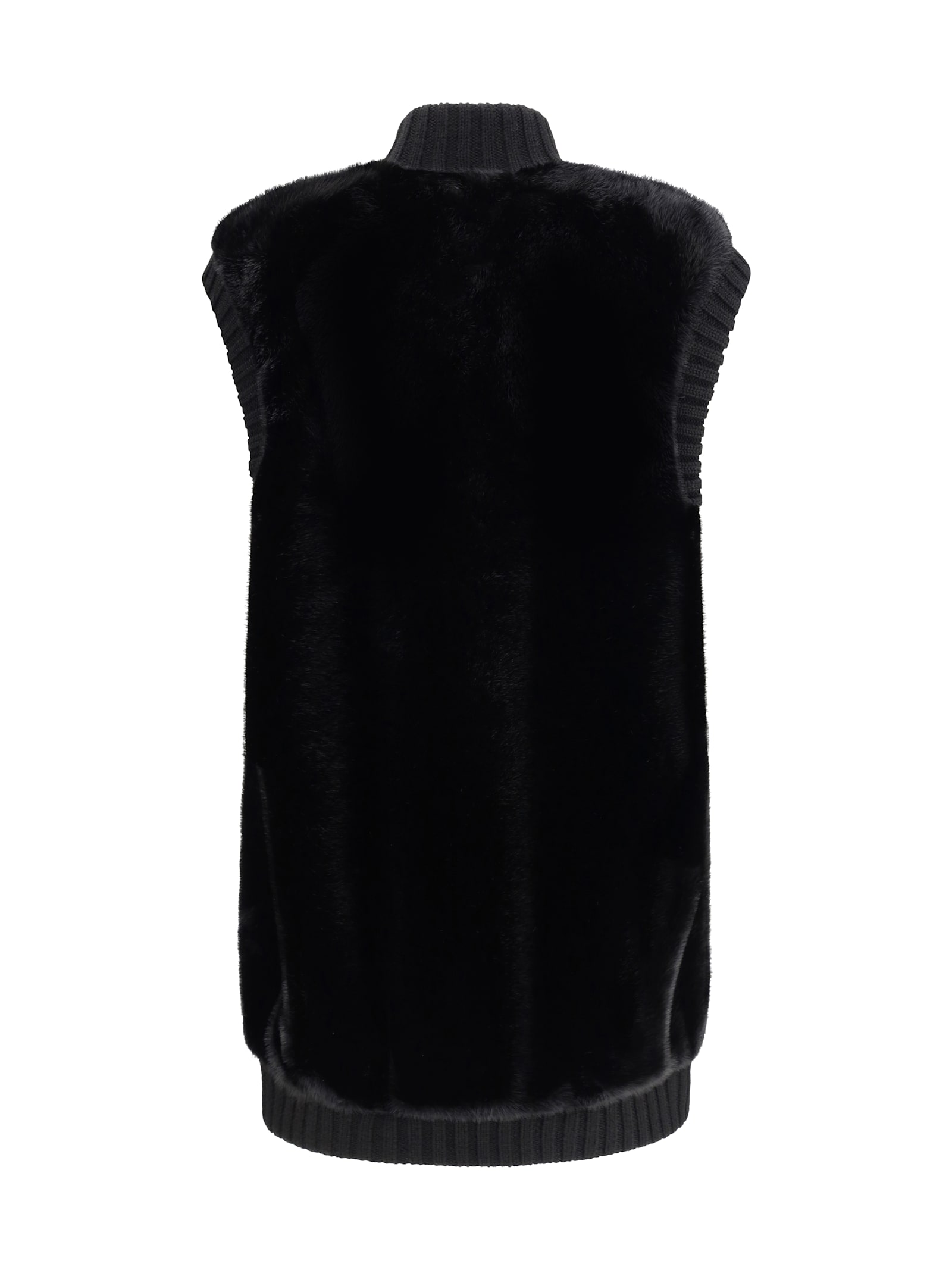Pinko Genovese Black Sleeveless Vest With High Neck And Ribbed Details In Ecofur Woman In Multi