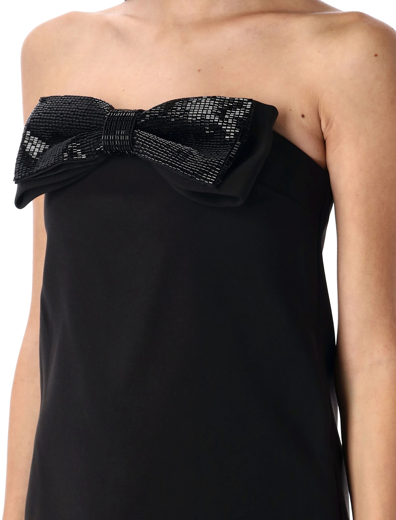 Self-portrait Black Sleeveless Mini Dress With Bandeau And Beaded Oversize Bow In Tech Fabric Woman In B Black