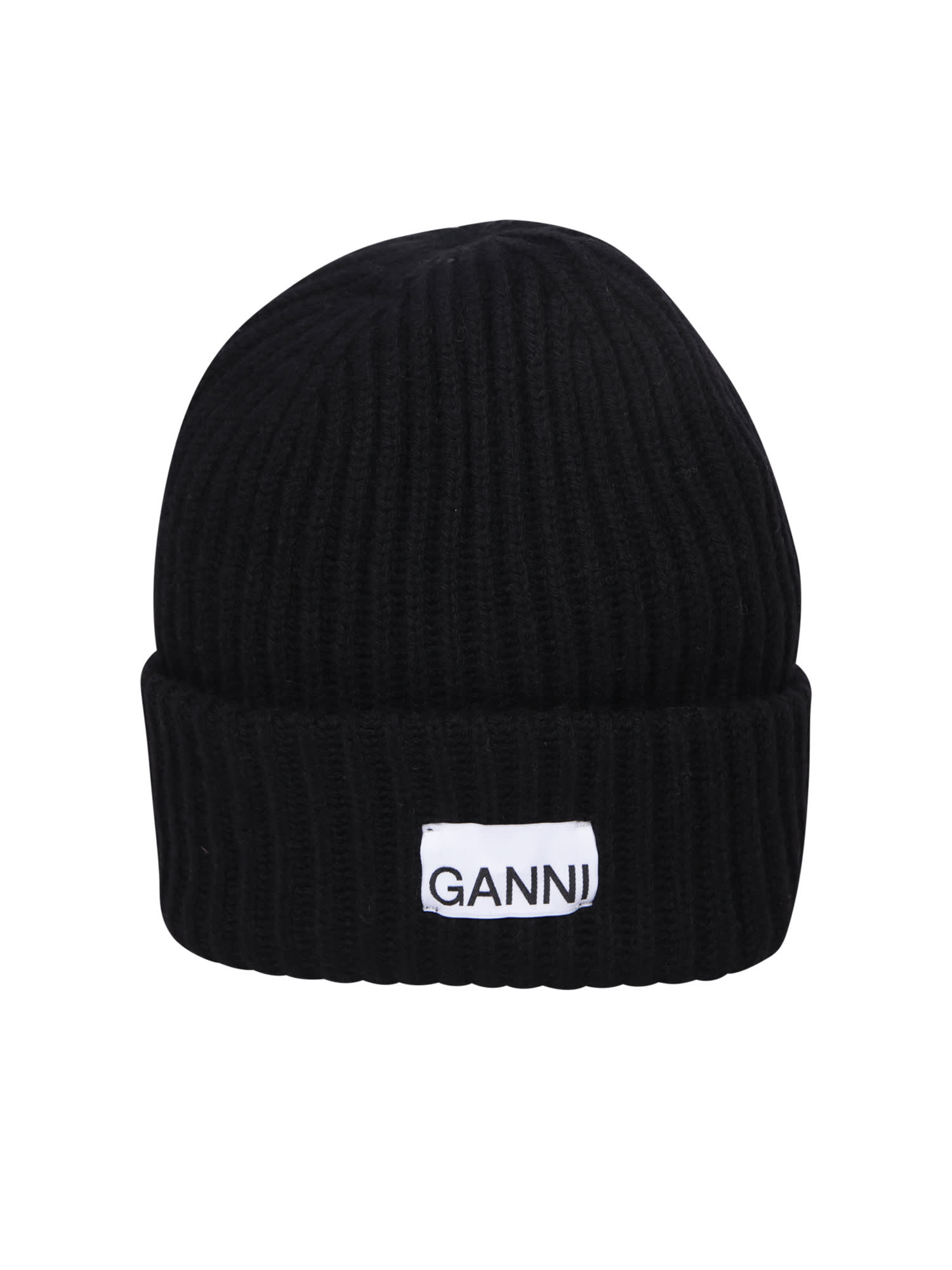 Shop Ganni Logo-patch Ribbed Knit Beanie In Black