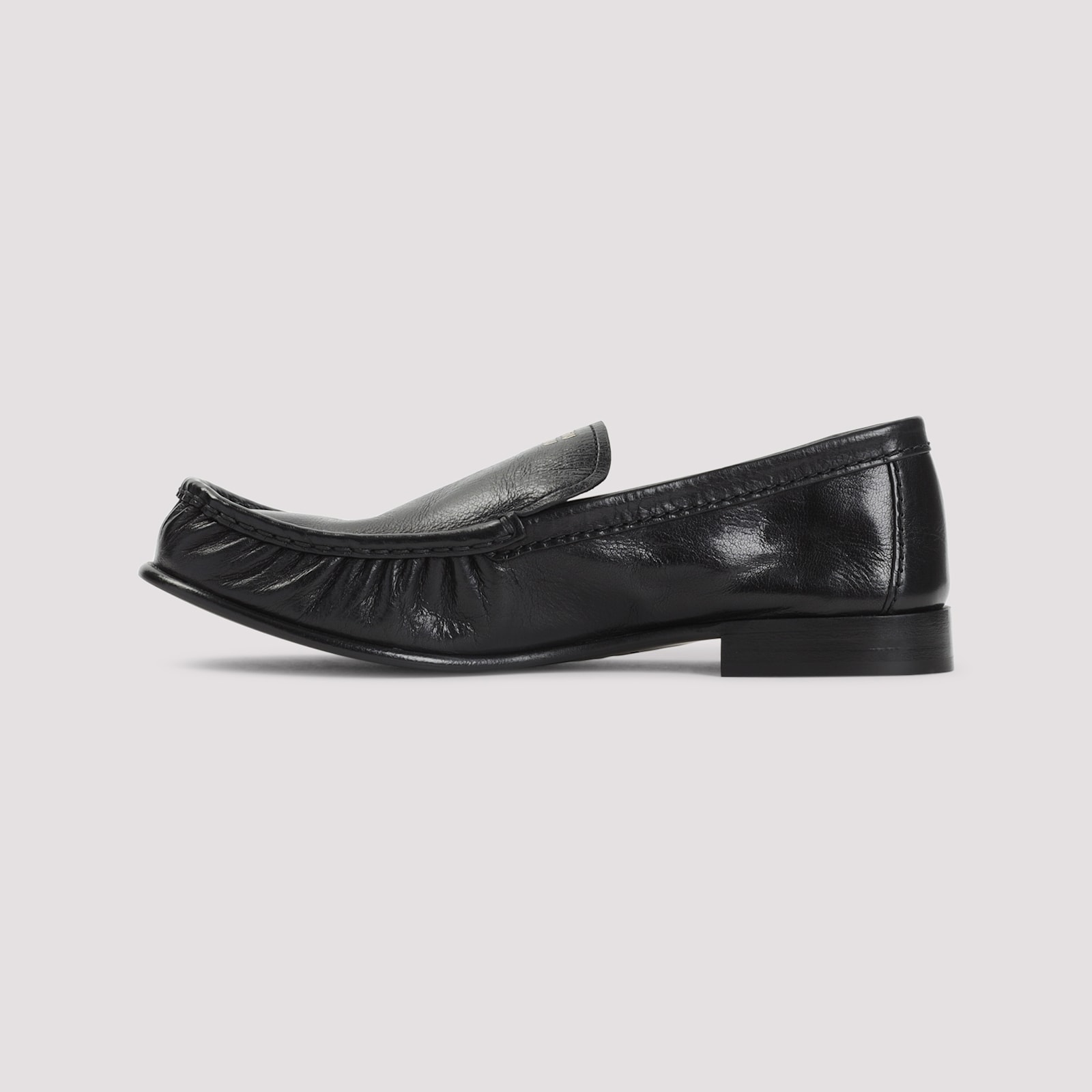 Miu Miu Gathered Detail Black Buffalo Leather Loafers In Black