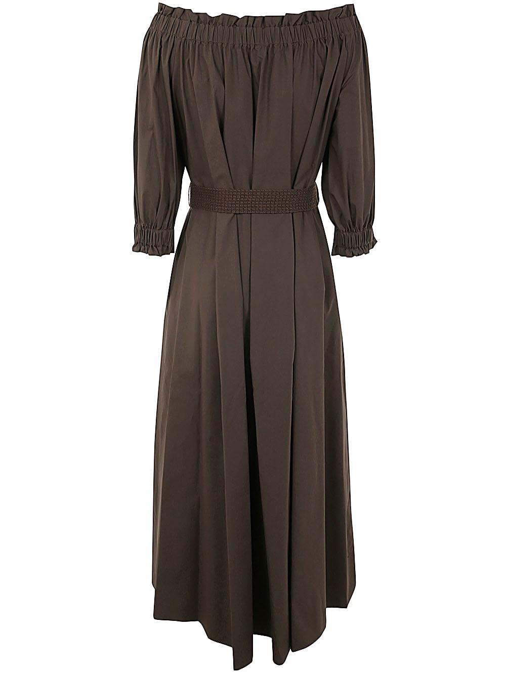 Shop P.a.r.o.s.h Off The Shoulder Long Dress In Dark Brown