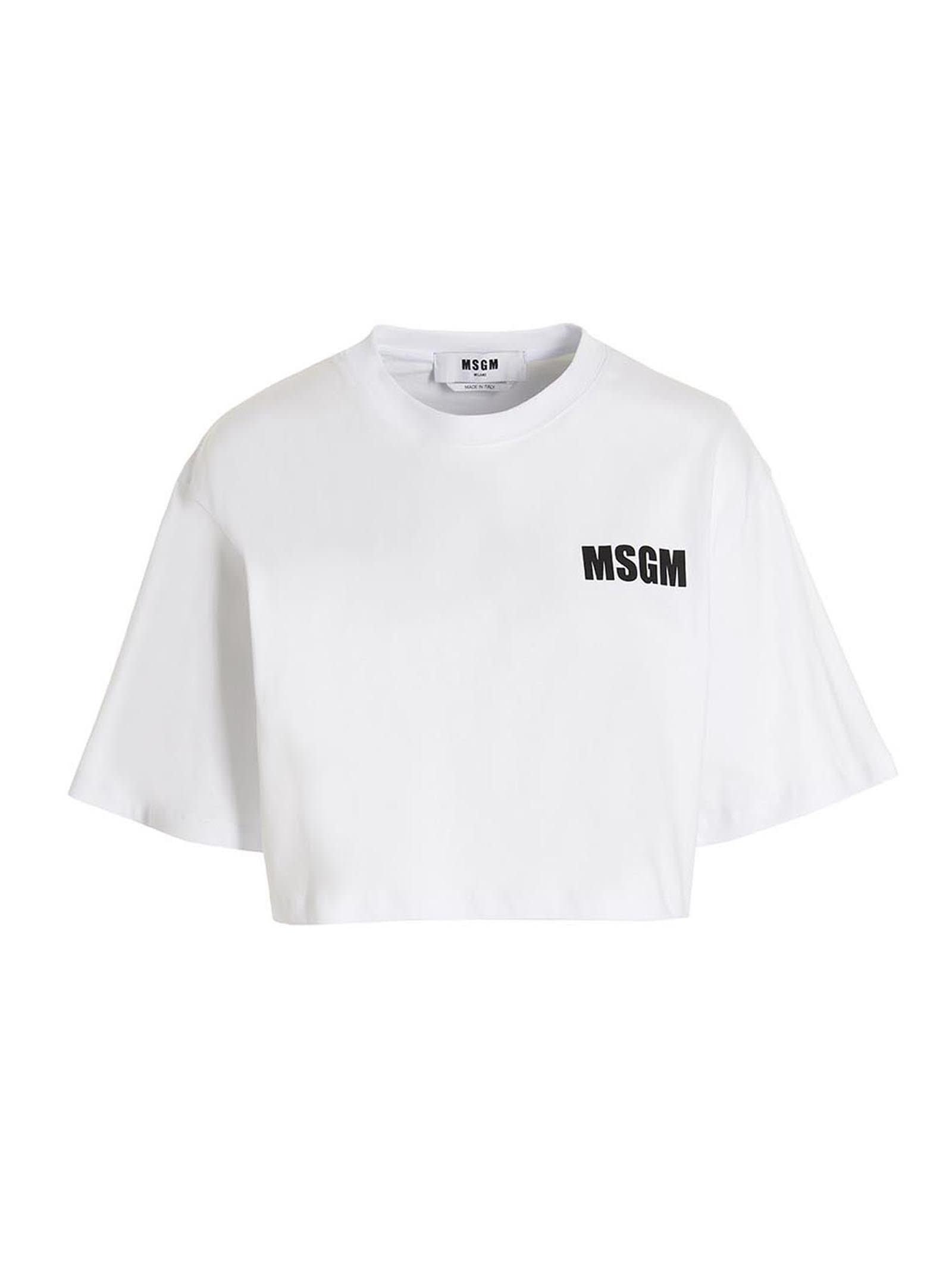 Msgm White Crop T-shirt With Logo Print On The Front And Maxi Print On The Back In White