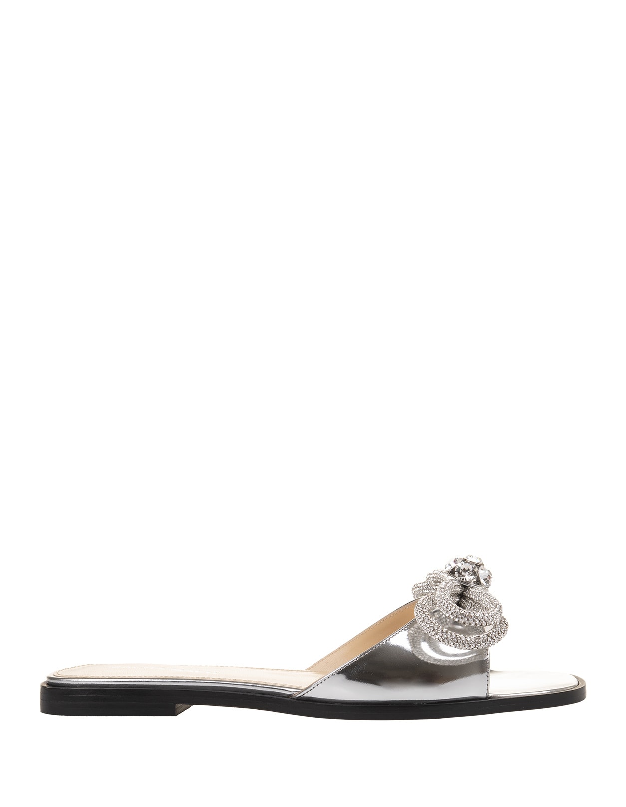 Mach &amp; Mach Double Bow Flat Sandals In Silver Mirrored Leather In Metallic