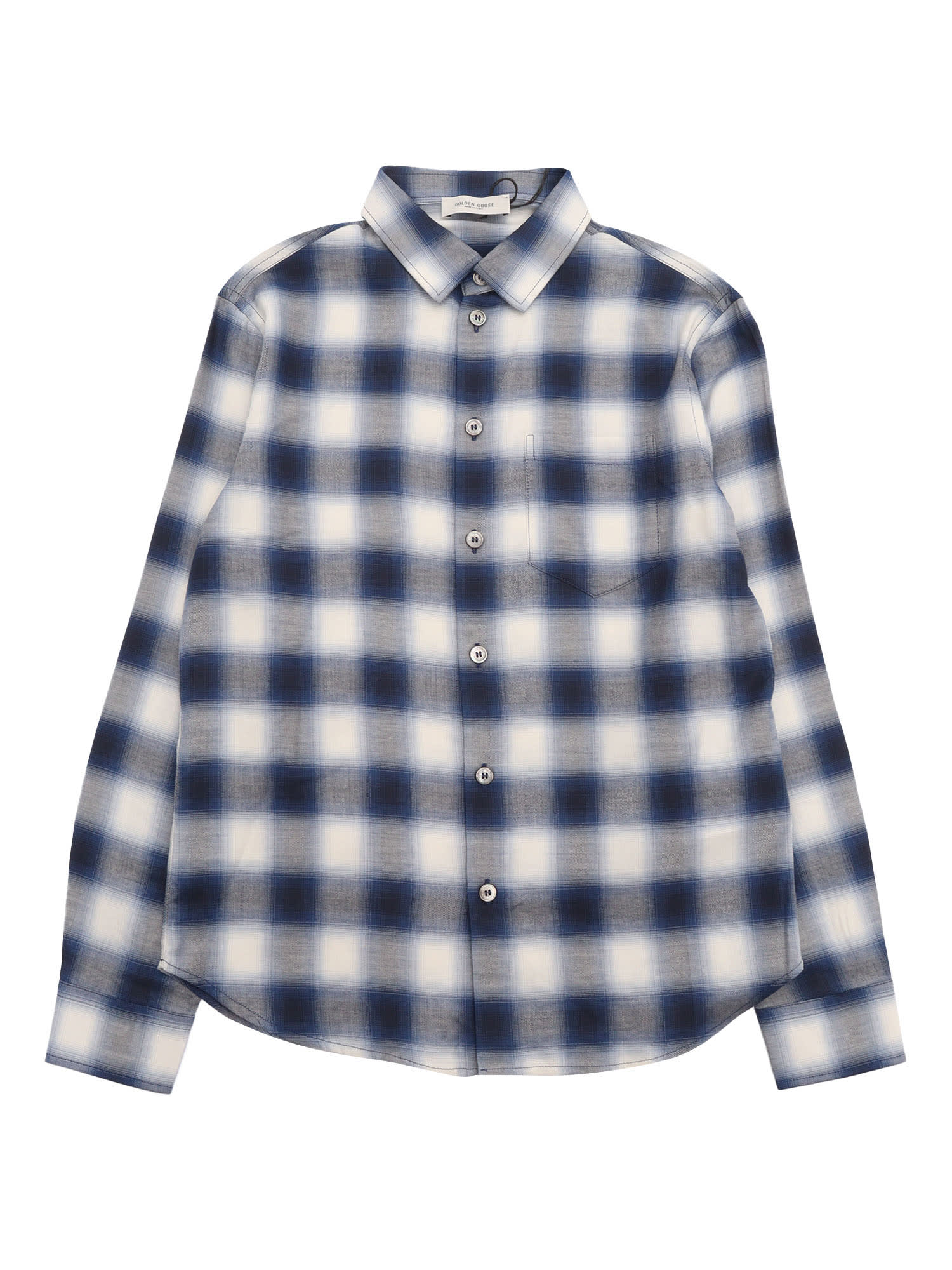 Golden Goose Journey Boys Regular Shirt/ Check Blend Cotton Shirting With Print In Blue