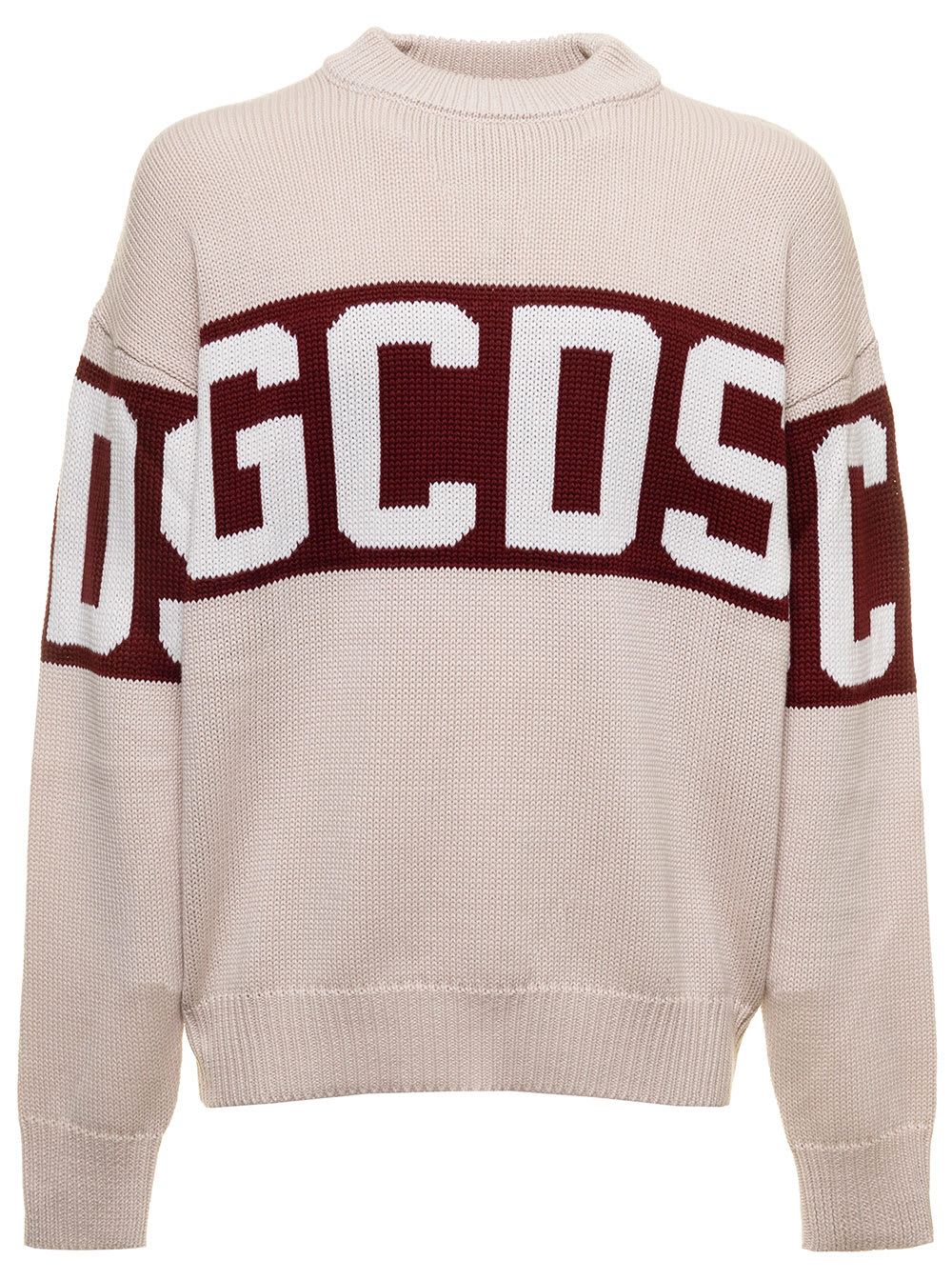 Off White Sweater In Mixed Wool Knit With Contrast Jacquard Logo Band Gcds Man