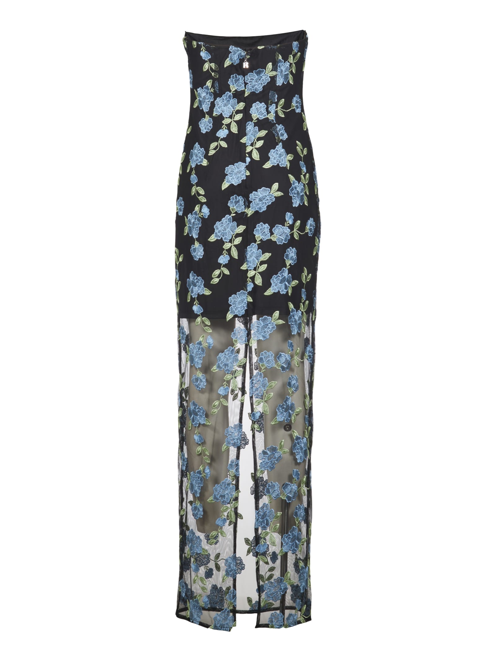 Rotate Birger Christensen Long Dress With All-over Floral Motif And Semi Sheer Lower Part In Tech Fabric In Black Comb