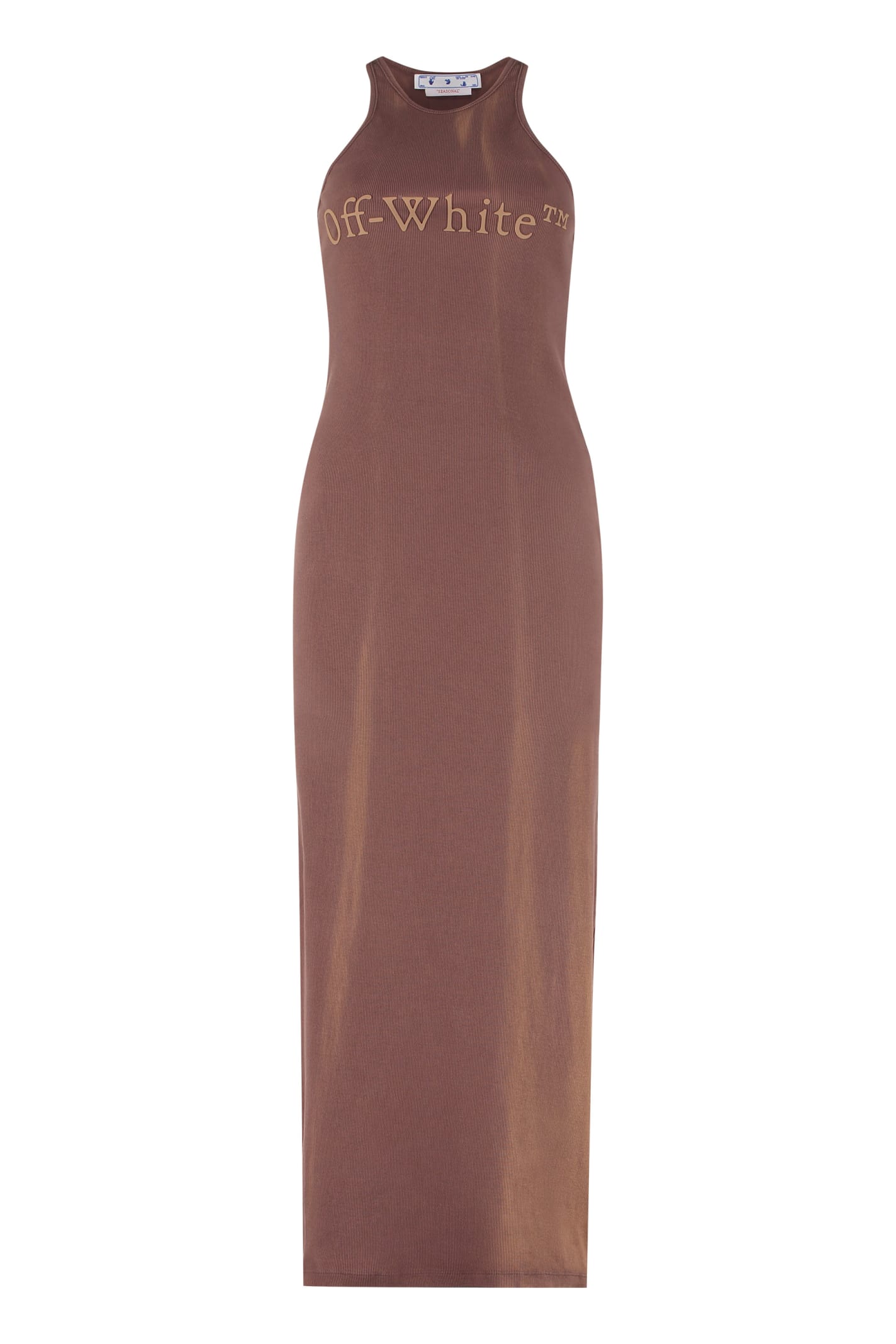 Off-white Ribbed Cotton Long Dress In Brown