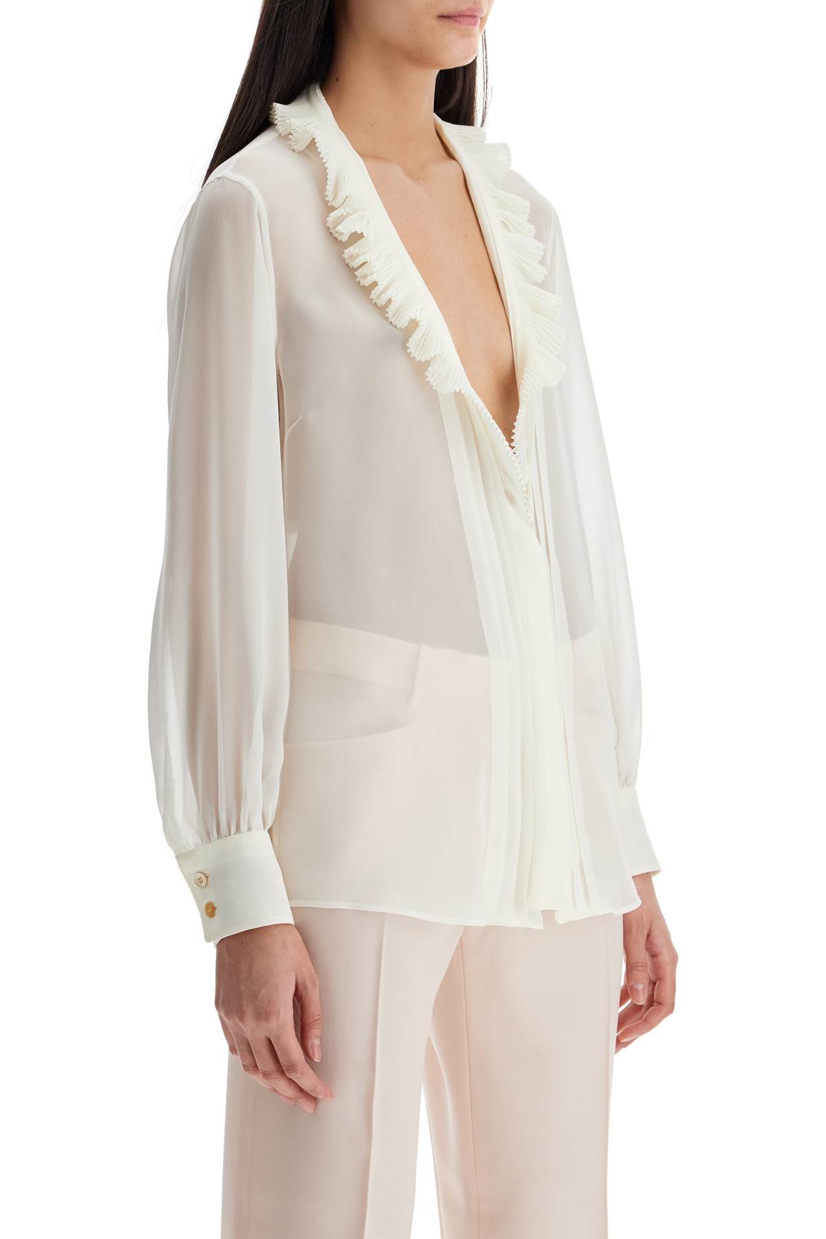 Cream Silk Shirt With Ruffled Collar And Mother-of-pearl Buttons