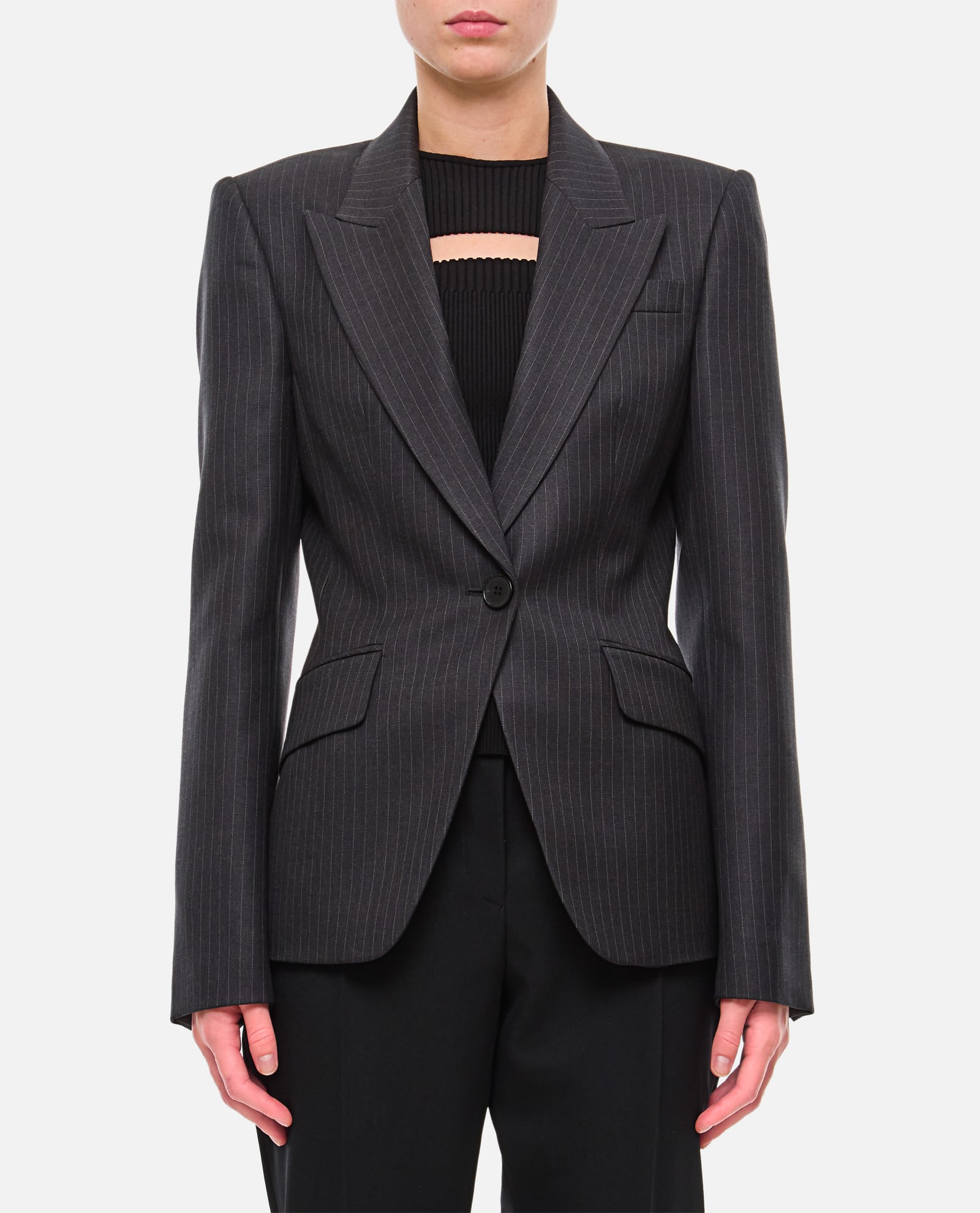 Shop Alexander Mcqueen Wool Pinstripe Single Breasted Jacket In Grey