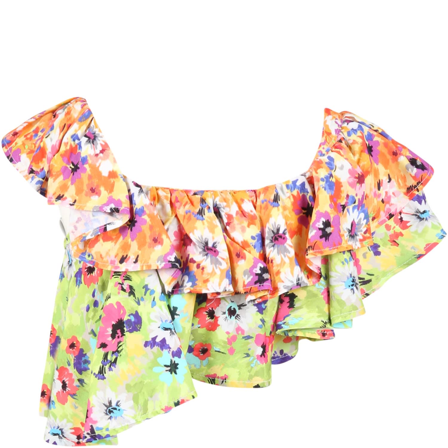 Shop Msgm Multicolor Top For Girl With Floral Print In Orange