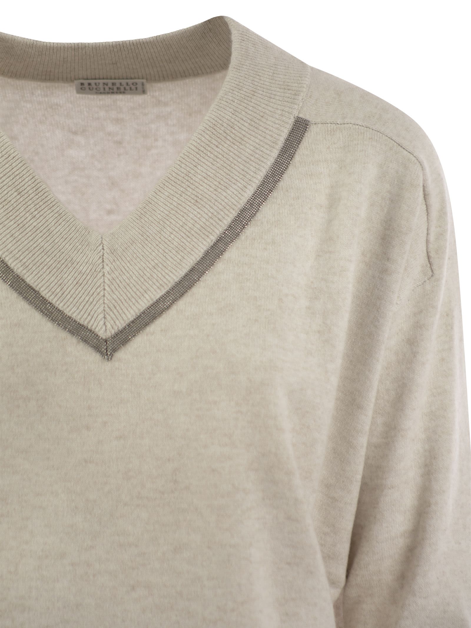 Shop Brunello Cucinelli Cashmere Sweater With Shiny Neckline In Pearl