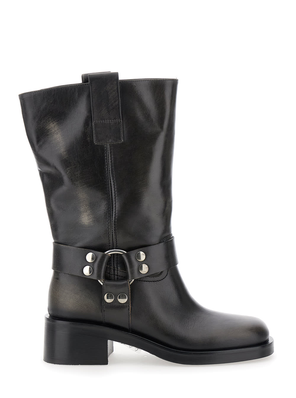 Black Ankle Boots With Studs And Ring In Leather Woman