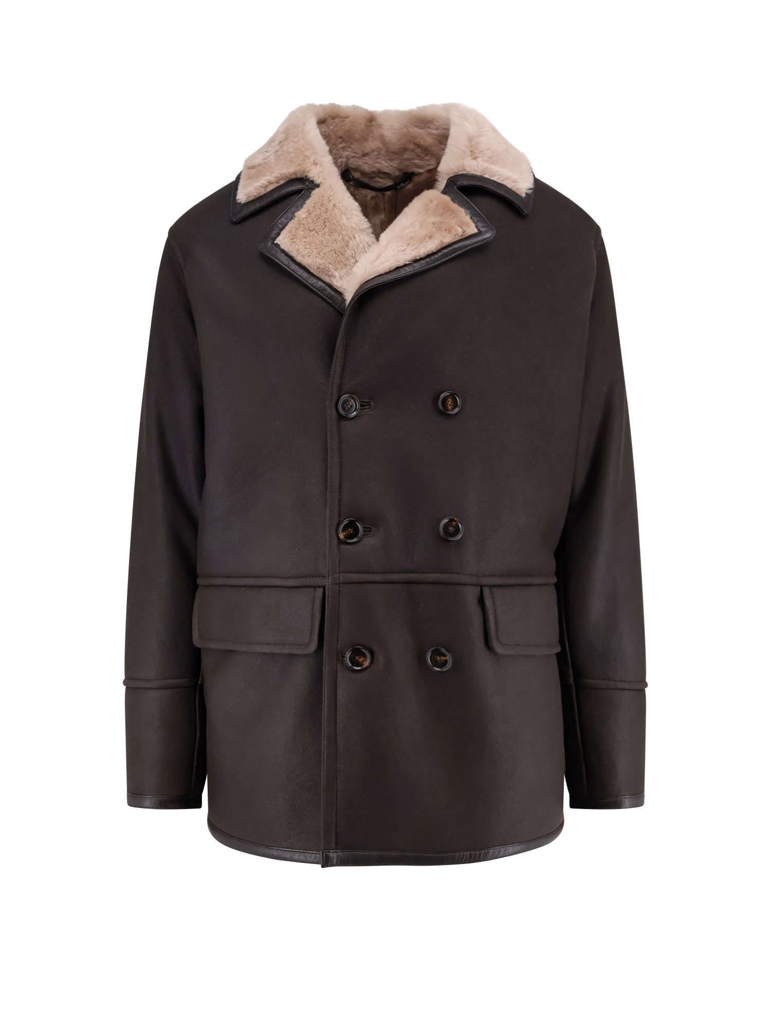Hugo Boss Double-breasted Shearling Jacket Pockets In Brown