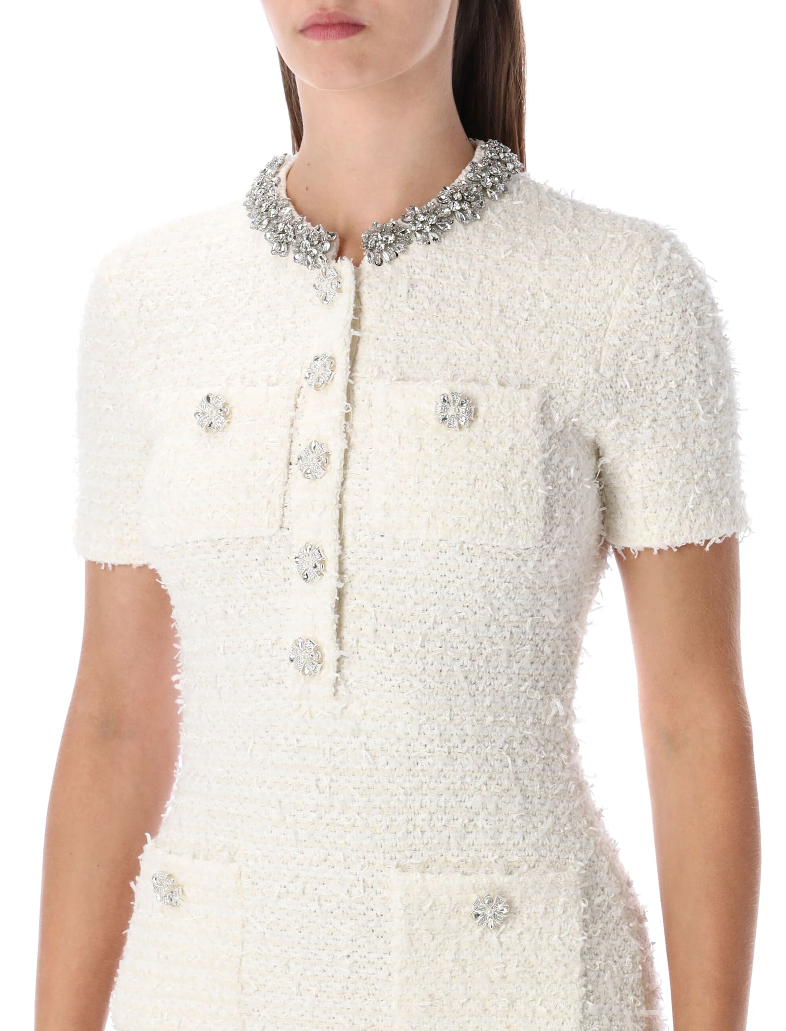 Self-portrait Cream Bouclé Knit Mini Dress With Crystal Buttons In White